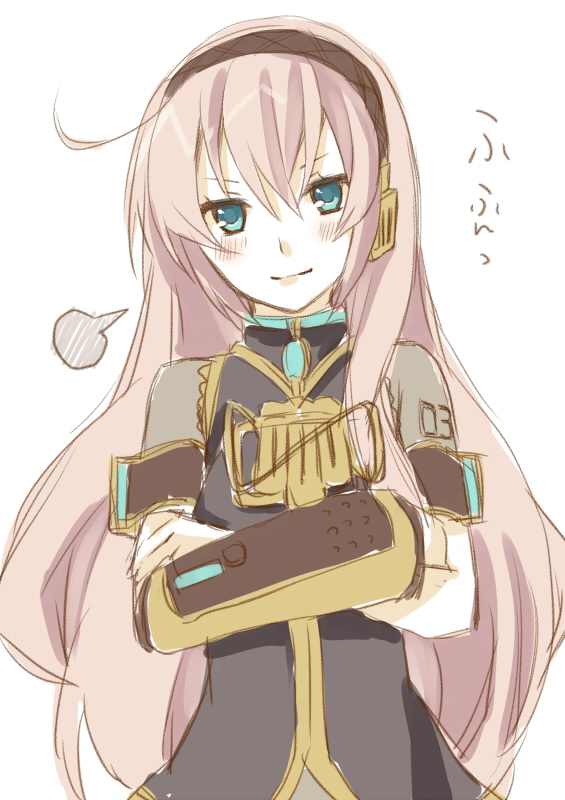 hijiki (hijikini), hijikini, megurine luka, vocaloid, bad id, bad pixiv id, 1girl, aqua eyes, blush, crossed arms, female focus, headphones, long hair, pink hair, simple background, smile, solo