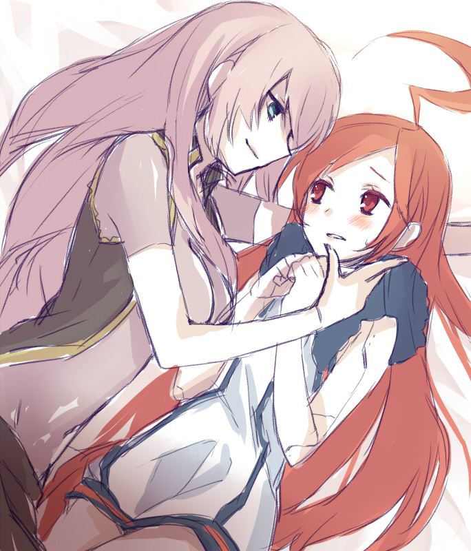 hijiki (hijikini), hijikini, megurine luka, sf-a2 miki, vocaloid, bad id, bad pixiv id, 2girls, ahoge, android, aqua eyes, blush, breasts, censored, convenient censoring, dress, eye contact, joints, long hair, looking at another, multiple girls, open clothes, open shirt, pink hair, red eyes, red hair, robot joints, scared, shirt, simple background, smile, star (symbol), yuri