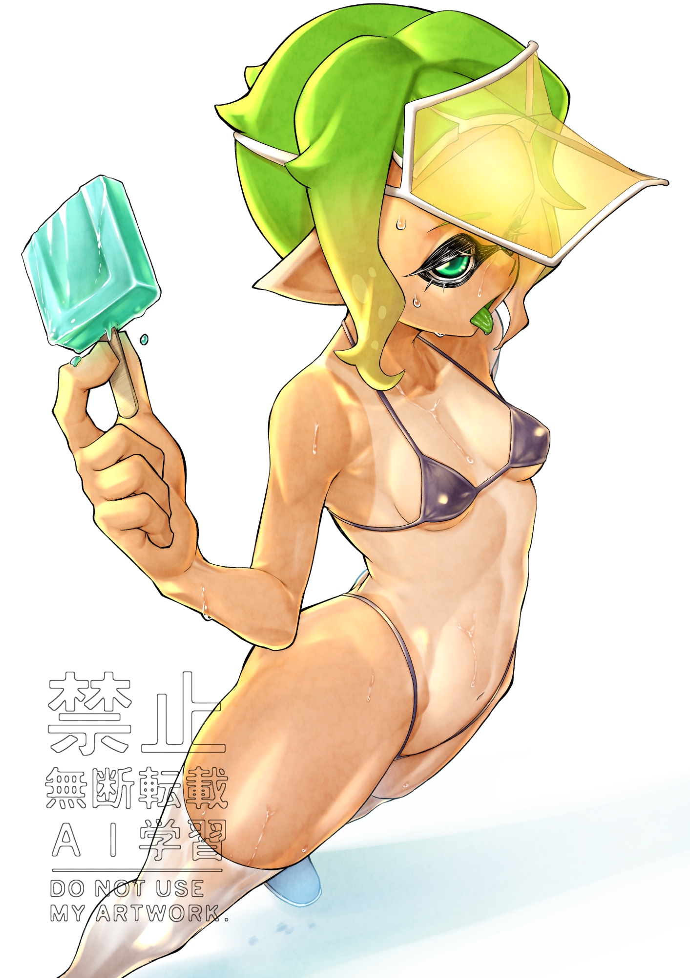 emit x, inkling girl, inkling player character, nintendo, splatoon (series), highres, variant set, 1girl, armpits, bikini, black bikini, breasts, colored tongue, food, from above, from side, green eyes, green hair, green tongue, holding, holding food, holding popsicle, looking ahead, medium hair, navel, open mouth, pointy ears, popsicle, simple background, small breasts, solo, stomach, sweat, swimsuit, tan, tanline, thighhighs, tongue, tongue out, visor cap, white background, white thighhighs