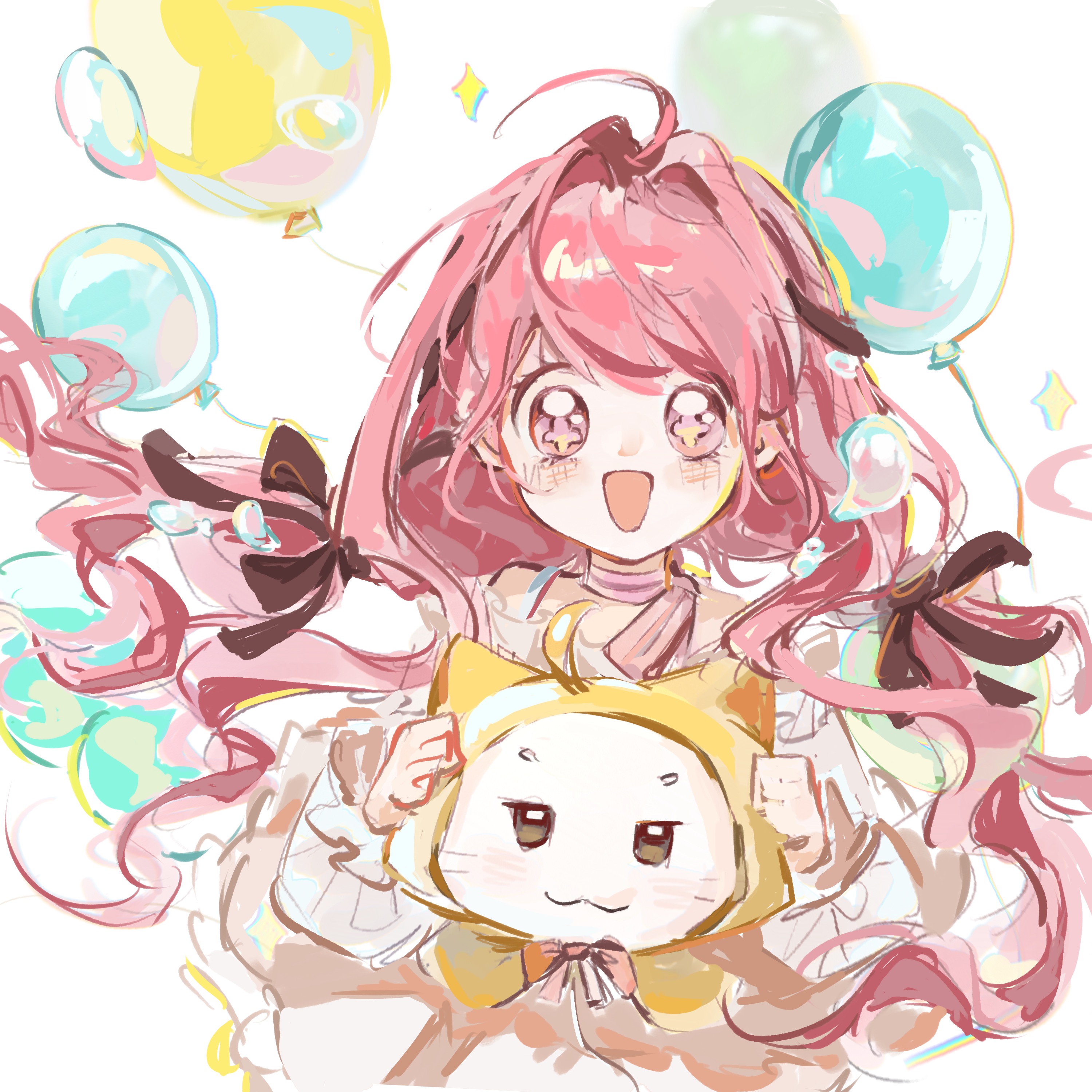 momo (nikki), nikki (nikki), perfect start (infinity nikki), infinity nikki, nikki (series), absurdres, chinese commentary, commentary request, highres, + +, 1girl, :3, ahoge, animal, balloon, bare shoulders, bow, bow choker, bowtie, bra strap, brown eyes, bubble, cat, choker, cloak, closed mouth, clothed animal, cropped torso, ear covers, eyelashes, frilled shirt, frilled sleeves, frills, hair intakes, happy, holding, holding animal, holding cat, hood, hood up, hooded cloak, light blush, long hair, long sleeves, low twintails, nannan72164, off-shoulder shirt, off shoulder, open mouth, pink bow, pink bowtie, pink choker, pink eyes, pink hair, puffy long sleeves, puffy sleeves, red bow, red bowtie, shirt, single stripe, smile, sparkle, sparkling eyes, striped bow, striped bowtie, striped choker, striped clothes, tareme, twintails, very long hair, wavy hair, whiskers, white background, white cat, white shirt, yellow cloak