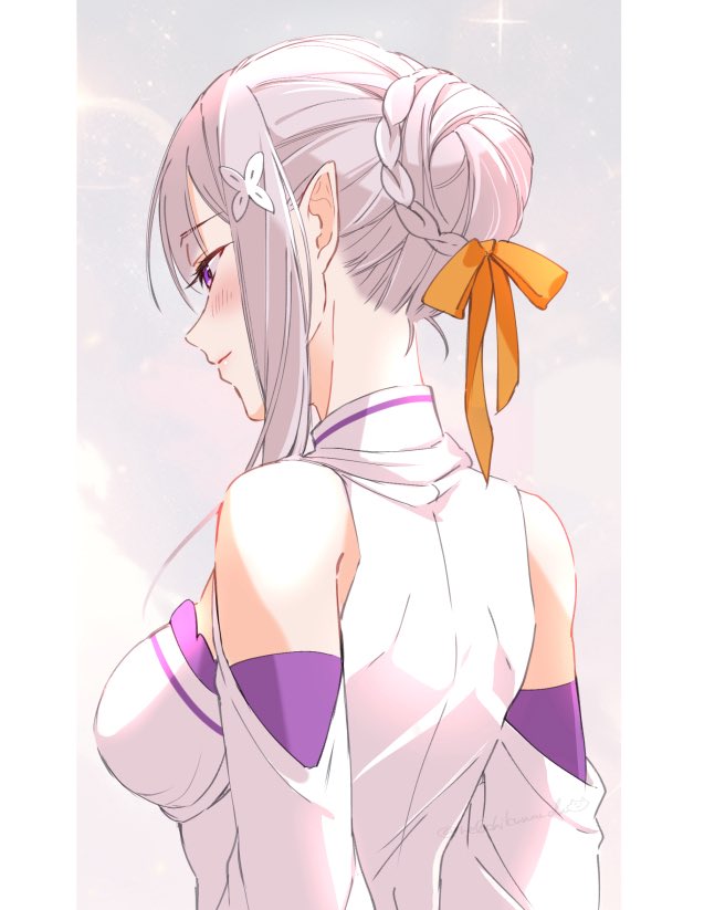 buu (buu02), emilia (re:zero), re:zero kara hajimeru isekai seikatsu, commentary request, 1girl, alternate hairstyle, bare shoulders, blush, braid, braided bun, breasts, closed mouth, dress, elf, from behind, grey hair, hair bun, hair ornament, hair ribbon, medium breasts, nape, off-shoulder dress, off shoulder, orange ribbon, pointy ears, profile, purple eyes, ribbon, short hair with long locks, solo, upper body, white dress, x hair ornament