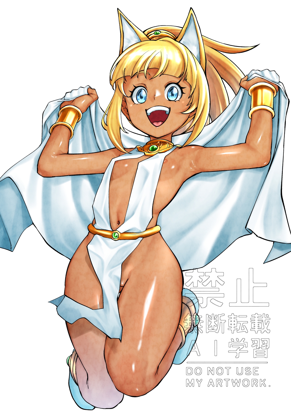 emit x, roll (mega man), mega man (series), highres, variant set, 1girl, ancient egyptian clothes, animal ears, anklet, areola slip, armpits, blonde hair, blue eyes, bracelet, breasts, cat ears, dark-skinned female, dark skin, dress, eyebrows hidden by hair, fake animal ears, full body, groin, holding, holding towel, jewelry, jumping, looking at viewer, medium hair, navel, no panties, open mouth, pelvic curtain, simple background, small breasts, smile, solo, tan, teeth, towel, upper teeth only, white background, white dress
