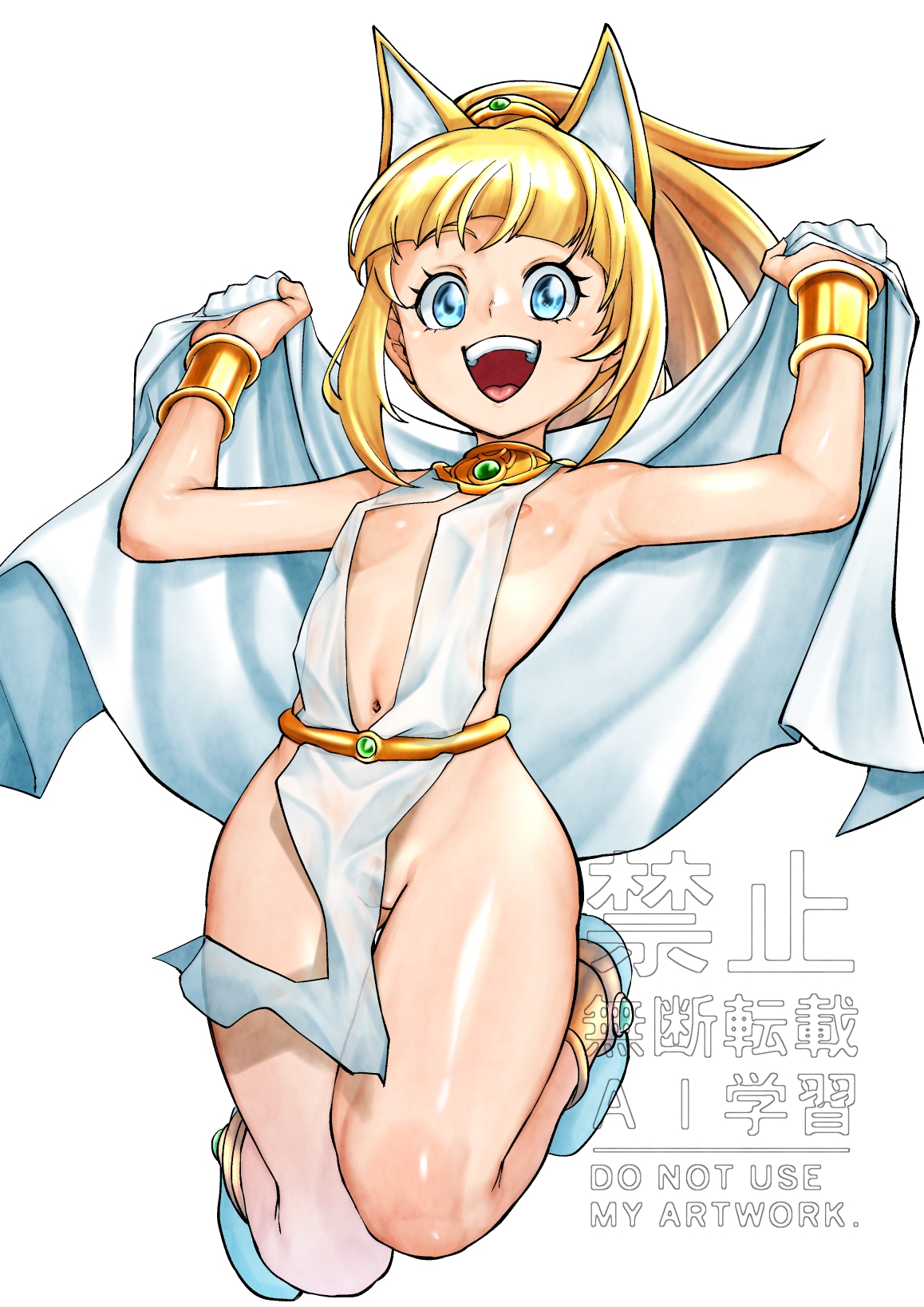 emit x, roll (mega man), mega man (series), highres, variant set, 1girl, ancient egyptian clothes, animal ears, anklet, areola slip, armpits, blonde hair, blue eyes, bracelet, breasts, cat ears, dress, eyebrows hidden by hair, fake animal ears, full body, groin, holding, holding towel, jewelry, jumping, looking at viewer, medium hair, navel, no panties, open mouth, pelvic curtain, see-through clothes, see-through dress, simple background, small breasts, smile, solo, teeth, towel, upper teeth only, wet, wet clothes, wet dress, white background, white dress