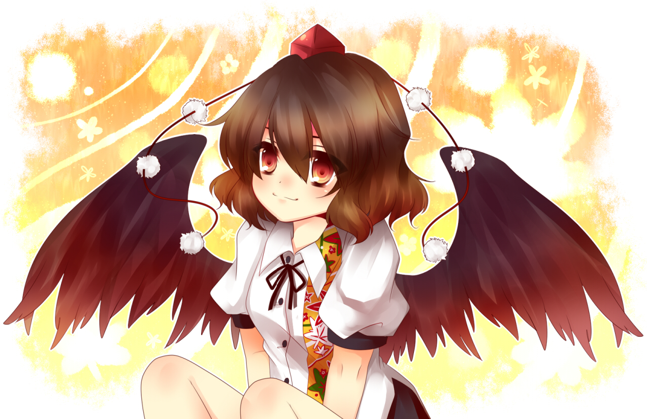uranaishi (miraura), shameimaru aya, touhou, bad id, bad pixiv id, 1girl, black hair, black wings, blush, female focus, hat, looking at viewer, red eyes, short hair, smile, solo, tokin hat, wings