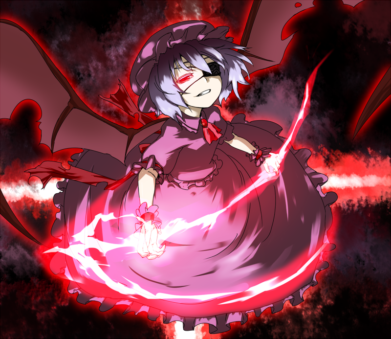 soubi, remilia scarlet, touhou, 1girl, bat wings, blue hair, eyepatch, female focus, hat, red eyes, short hair, solo, wings