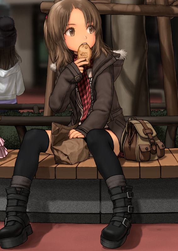 rustle, original, bad id, bad pixiv id, 1girl, black thighhighs, boots, brown eyes, brown hair, eating, female focus, food, goth fashion, loli, mall goth, panties, panty peek, scarf, solo, taiyaki, thighhighs, underwear, wagashi, white panties