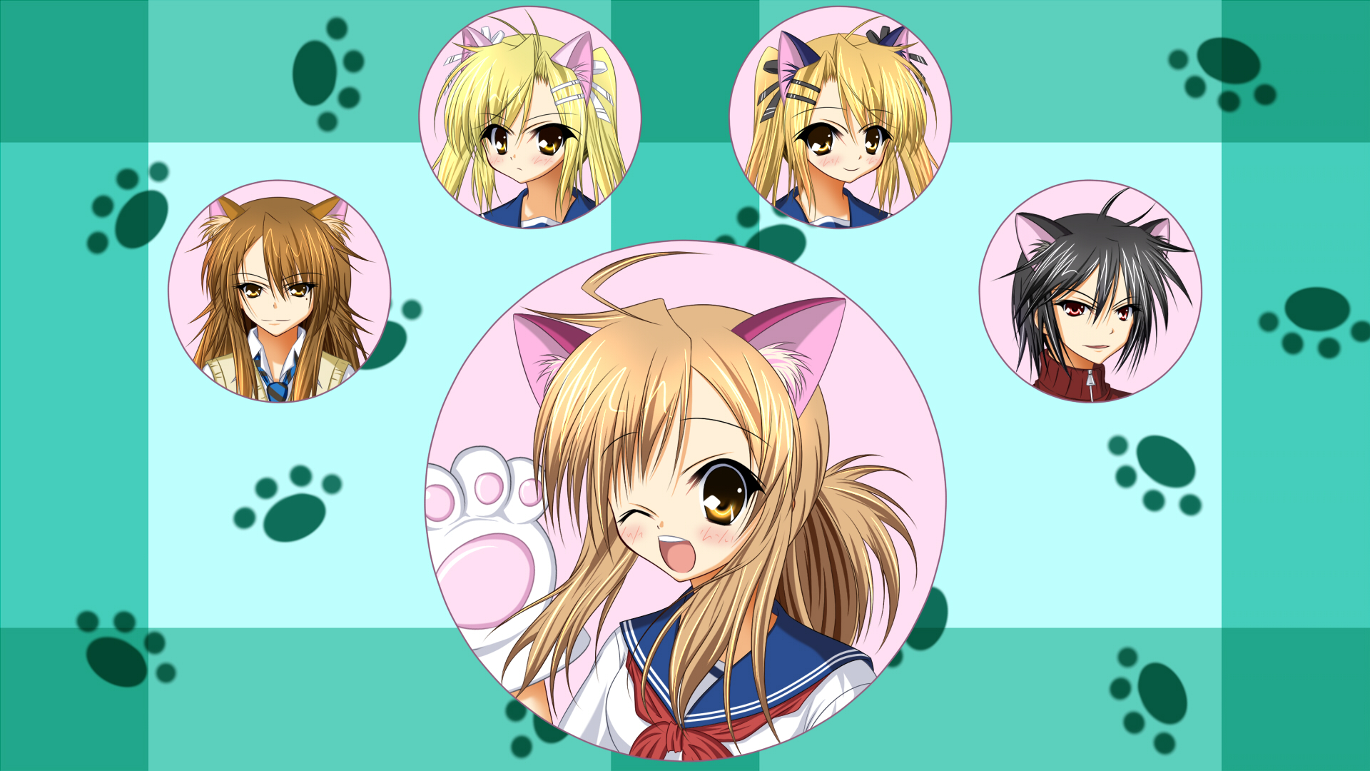 chelsea-121, ichinose nagi, kirishima akari, kirishima kotone, mizuno kaede, sumiyoshi kanako, nyan koi!, highres, 00s, 5girls, animal ears, black hair, blonde hair, brown hair, cat ears, multiple girls, paw print