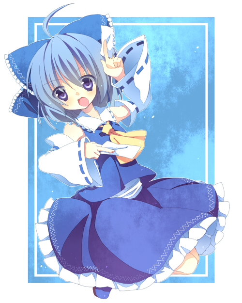 akai, cirno, hakurei reimu, touhou, bad id, bad pixiv id, 1girl, blue eyes, blue hair, bow, cosplay, detached sleeves, female focus, full body, hair bow, hakurei reimu (cosplay), japanese clothes, matching hair/eyes, miko, short hair, solo