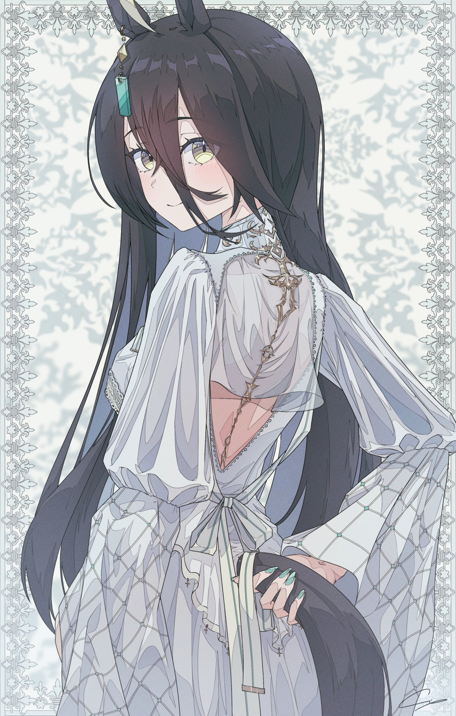 ci4, manhattan cafe (umamusume), umamusume, commentary, highres, symbol-only commentary, variant set, 1girl, animal ears, backless outfit, bare back, closed mouth, dress, ear ornament, ear tag, earrings, hair between eyes, holding, holding own tail, horse ears, horse girl, horse tail, jewelry, long bangs, long hair, long hair between eyes, long sleeves, multicolored hair, ribbon, see-through clothes, single earring, smile, solo, split mouth, tail, very long hair, white dress, white hair, white ribbon, yellow eyes