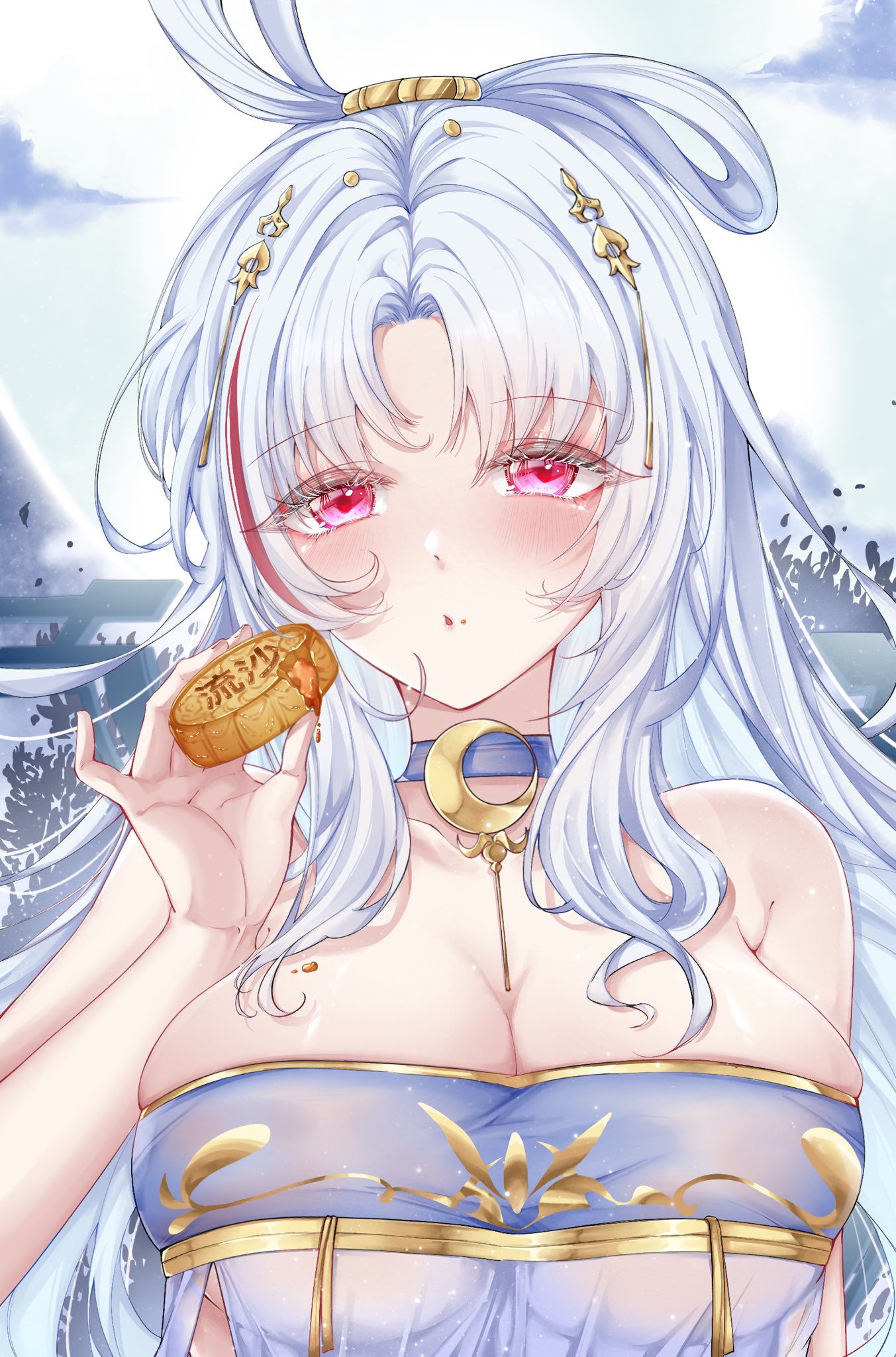 tallinn (azur lane), tallinn (night of full moon and overflowing love) (azur lane), azur lane, highres, 1girl, bare shoulders, blush, breasts, cleavage, food, food on body, food on breasts, food on face, hand up, large breasts, lionp61248, looking at viewer, multicolored hair, official alternate costume, parted bangs, pink eyes, red hair, red streaks, skindentation, solo, streaked hair, upper body, white hair