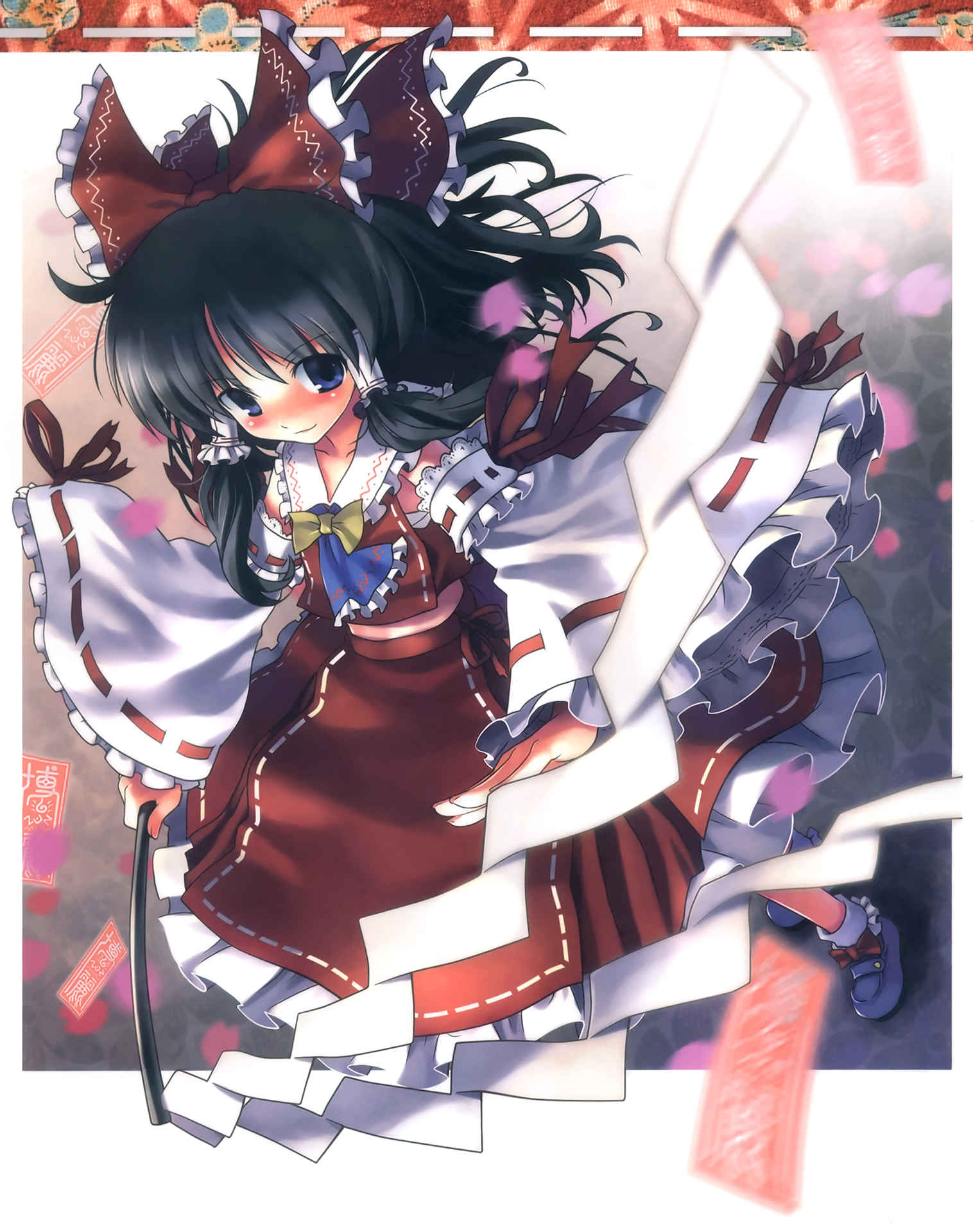 hakurei reimu, subterranean animism, touhou, highres, 1girl, blue eyes, female focus, gradient background, japanese clothes, marukata, ribbon, skirt, solo, white background