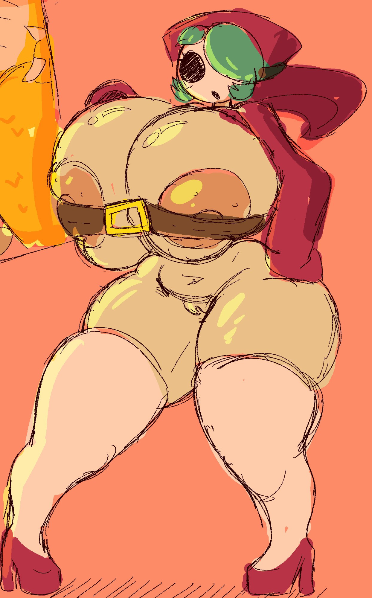spurhuns, shy gal, mario (series), nintendo, 1girl, areola slip, belt, belt bra, breasts, brown belt, full body, green hair, hair over one eye, hand on own hip, high heels, hood, hoodie, huge breasts, mask, navel, orange background, pussy, red hoodie, short hair, sketch, skindentation, solo, thick thighs, thighhighs, thighs, white thighhighs