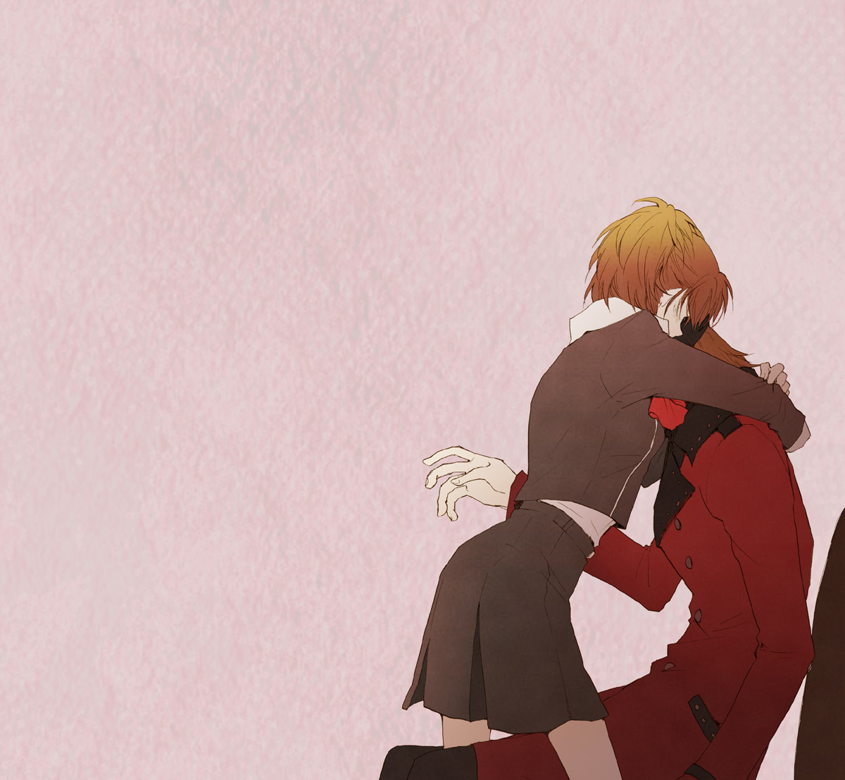 sananan, aragaki shinjirou, shiomi kotone, atlus, persona, persona 3, persona 3 portable, 1boy, 1girl, beanie, bow, coat, couple, hat, hetero, hug, school uniform, skirt, trench coat