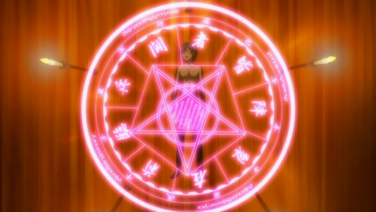 11eyes, 00s, 1boy, fire, magic circle, male focus, nude, solo