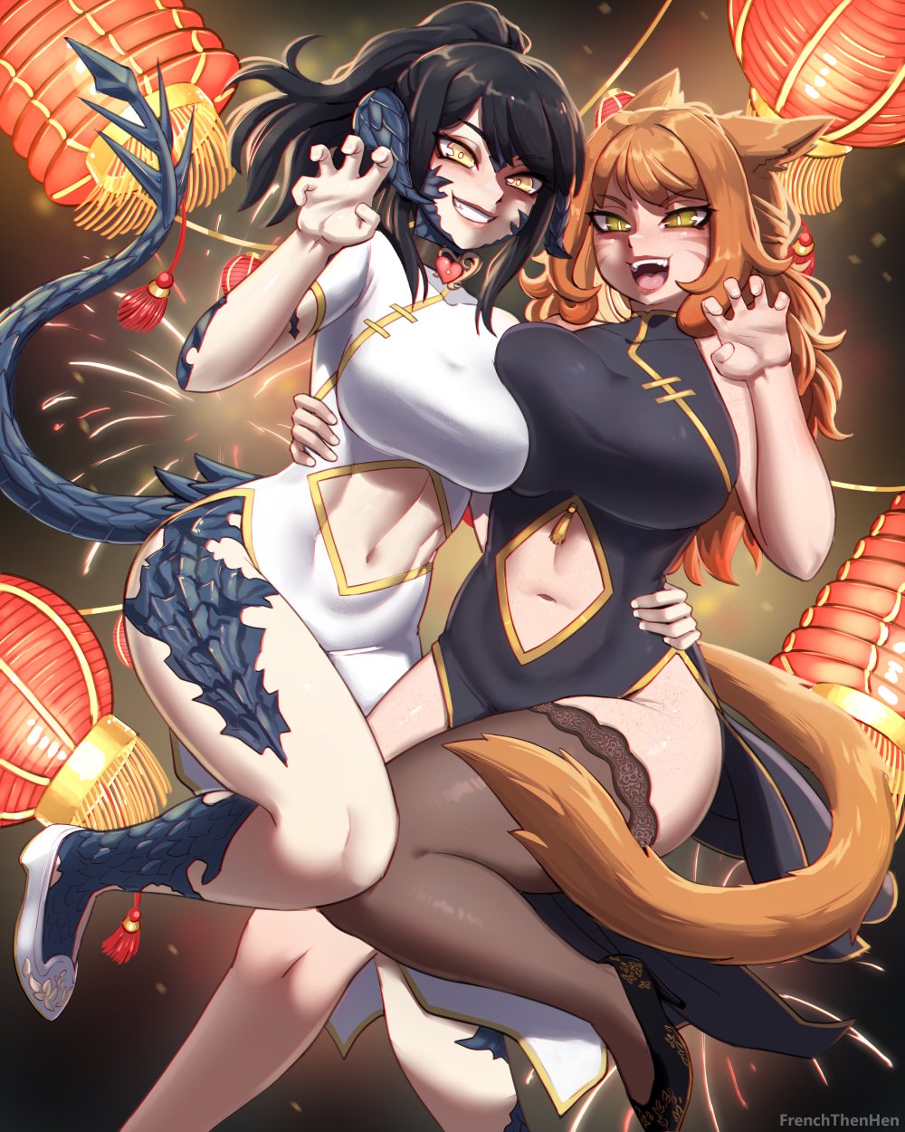 frenchthenhen, sapphira nyx, warrior of light (ff14), final fantasy, final fantasy xiv, original, commentary, commission, english commentary, highres, 2girls, :d, animal ears, arm around waist, asymmetrical docking, au ra, black dress, black hair, blue scales, blue tail, breast press, breasts, brown hair, brown tail, brown thighhighs, cat ears, cat girl, cat tail, china dress, chinese clothes, chinese new year, claw pose, clothing cutout, dragon girl, dragon horns, dragon tail, dress, dutch angle, facial mark, foot out of frame, grin, hand on another's waist, hand up, horns, lantern, large breasts, long hair, miqo'te, multiple girls, navel, navel cutout, open mouth, paper lantern, pelvic curtain, shoes, side slit, sidelocks, single thighhigh, smile, tail, thighhighs, tsurime, valerie moorabella (val ffxiv), whisker markings, white dress, white shoes, yellow eyes