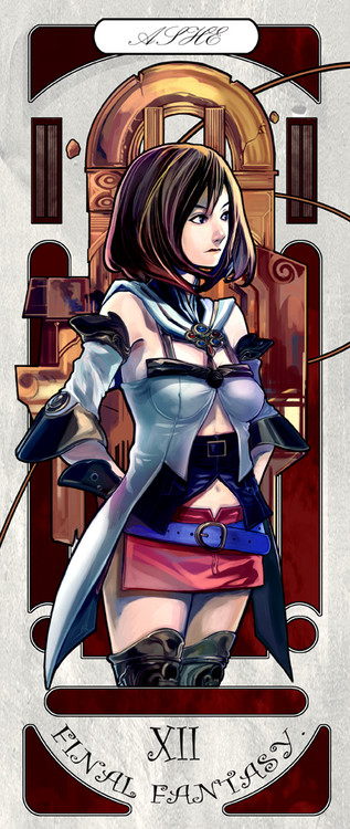 kinggainer, ashelia b'nargin dalmasca, final fantasy, final fantasy xii, 00s, 1girl, arms behind back, art nouveau, bare shoulders, belt, brown hair, detached sleeves, female focus, flapper shirt, microskirt, midriff, miniskirt, shirt, short hair, skirt, solo, thighhighs