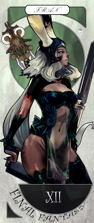 kinggainer, fran (ff12), final fantasy, final fantasy xii, 00s, 1girl, animal ears, art nouveau, breasts, bridal gauntlets, cleavage, dark-skinned female, dark skin, female focus, helmet, long hair, midriff, navel, rabbit ears, revealing clothes, see-through clothes, solo, thighhighs, very long hair, viera, white hair