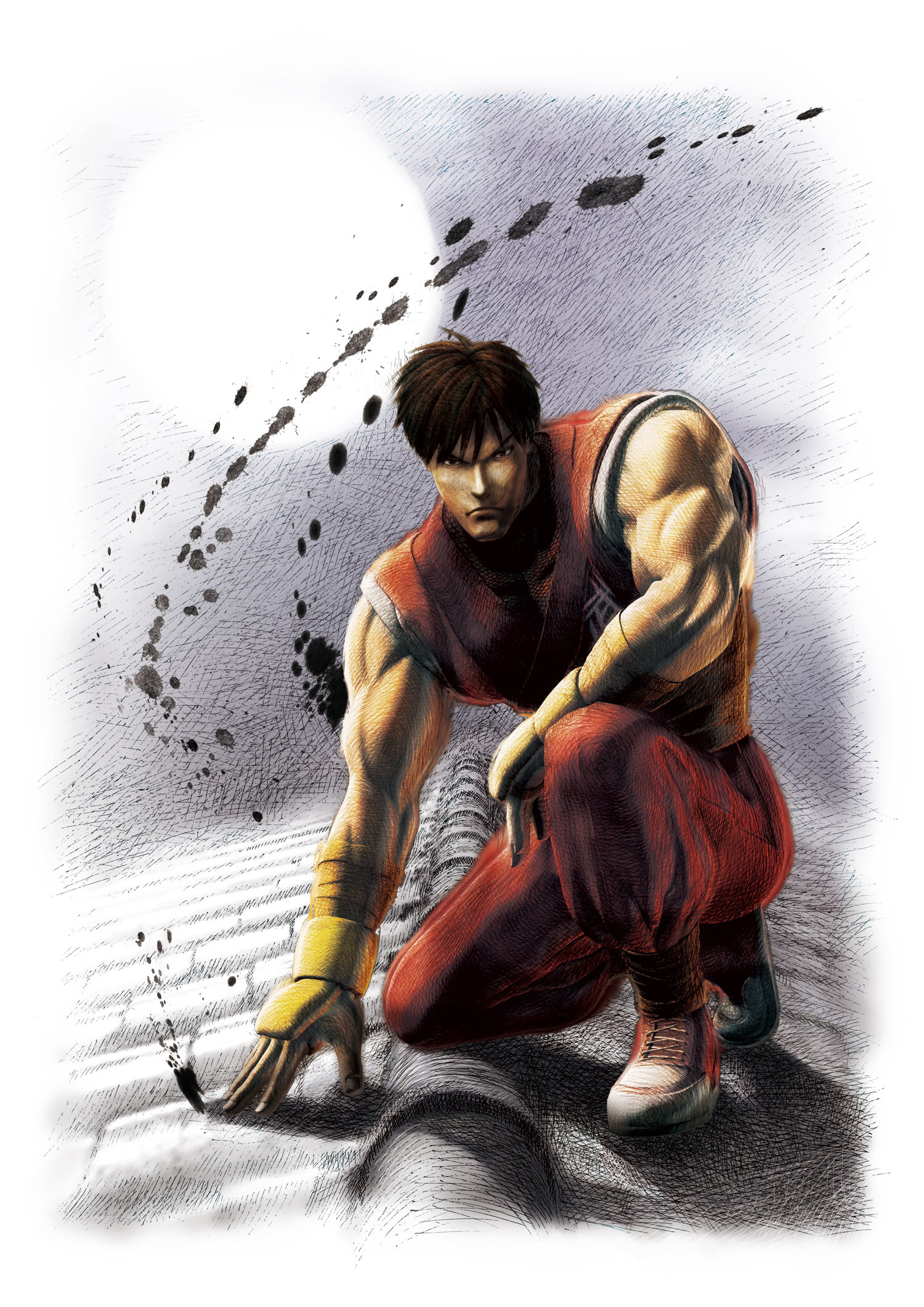 ikeno daigo, guy (final fight), capcom, converse, final fight, street fighter, street fighter iv (series), highres, official art, 1boy, gloves, male focus, moon, muscular, ninja, rooftop, shoes, short hair, sneakers, solo