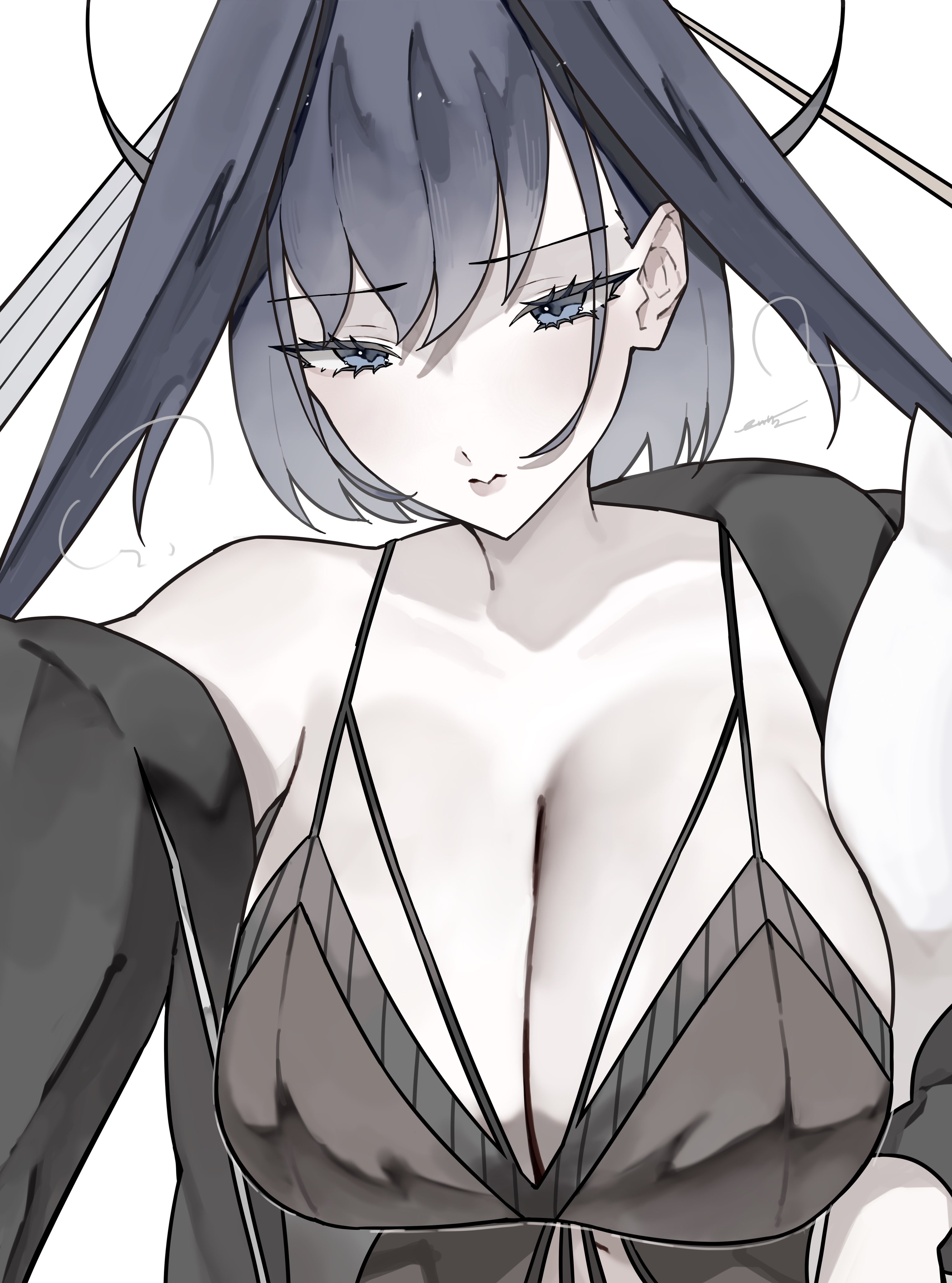 ewn, ouro kronii, hololive, hololive english, absurdres, highres, 1girl, alternate costume, aroused, bare shoulders, blue eyes, blue hair, breasts, cleavage, collarbone, dress, hair intakes, large breasts, lips, long hair, looking at viewer, nightgown, parted lips, simple background, smile, solo, virtual youtuber