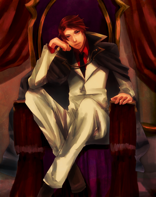 nohoho, ushiromiya battler, umineko no naku koro ni, bad id, bad pixiv id, 00s, 1boy, black eyes, cape, chair, head rest, jacket, male focus, necktie, red hair, sitting, solo, throne