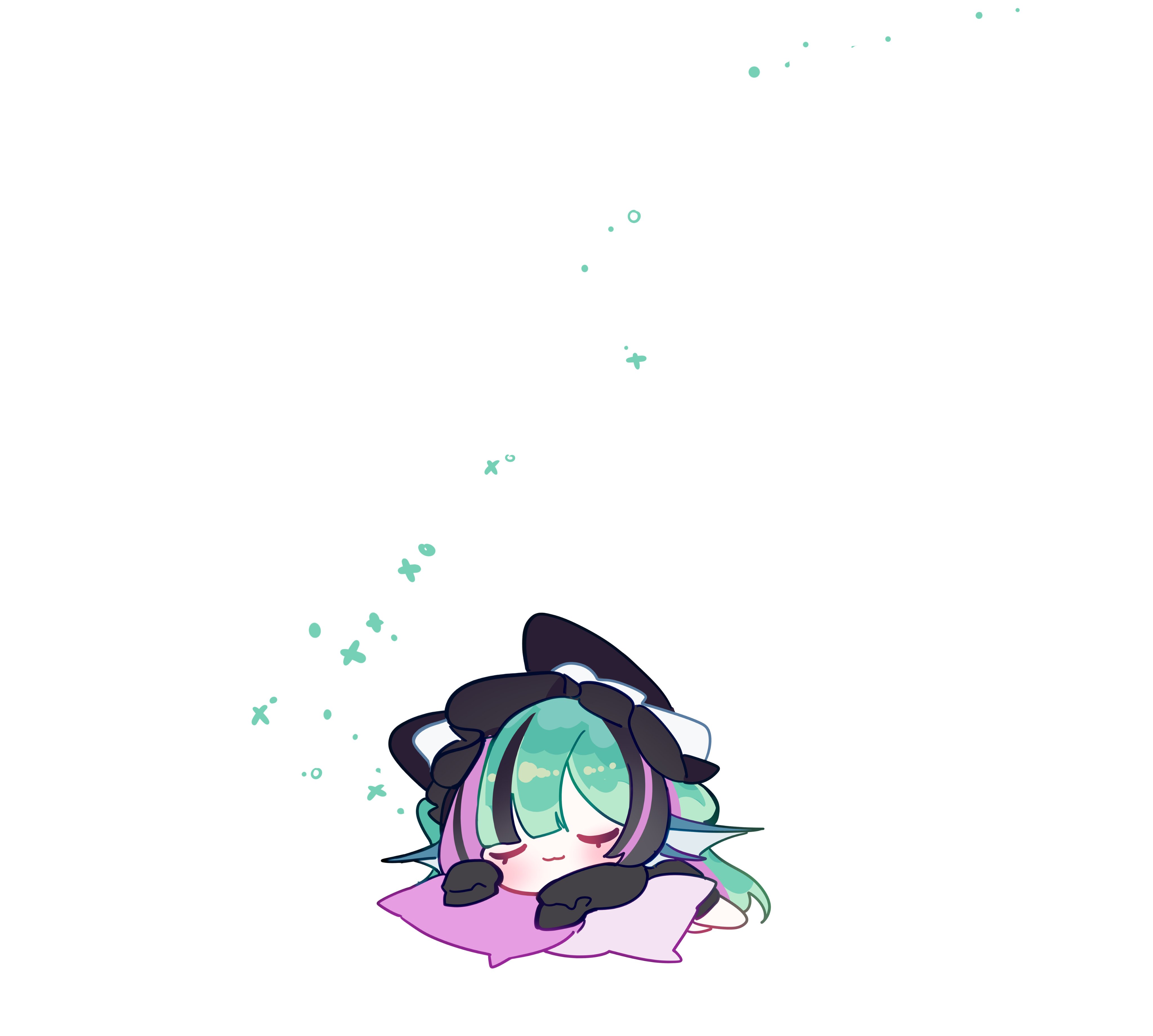 nrnmarie, finana ryugu, nijisanji, nijisanji en, absurdres, commentary, highres, 1girl, black streaks, blush, chibi, chibi only, closed eyes, closed mouth, fins, fish girl, full body, green hair, head fins, long hair, multicolored hair, parted bangs, pillow, purple streaks, sleeping, smile, solo, streaked hair, virtual youtuber, white background