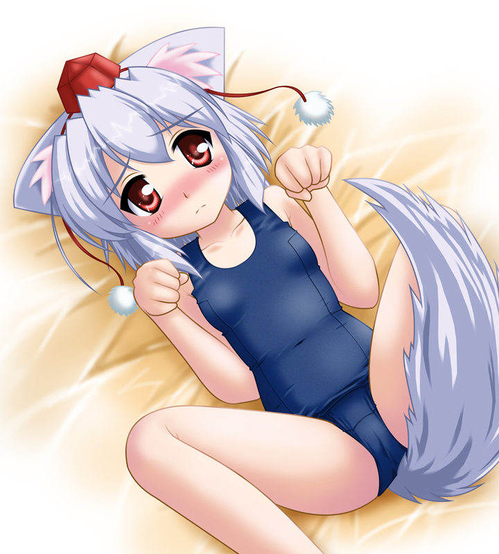 neopure, inubashiri momiji, touhou, silver hair, 1girl, animal ears, blush, female focus, flat chest, hat, lying, one-piece swimsuit, paw pose, red eyes, school swimsuit, short hair, solo, spread legs, swimsuit, tail, tokin hat, wolf ears, wolf tail