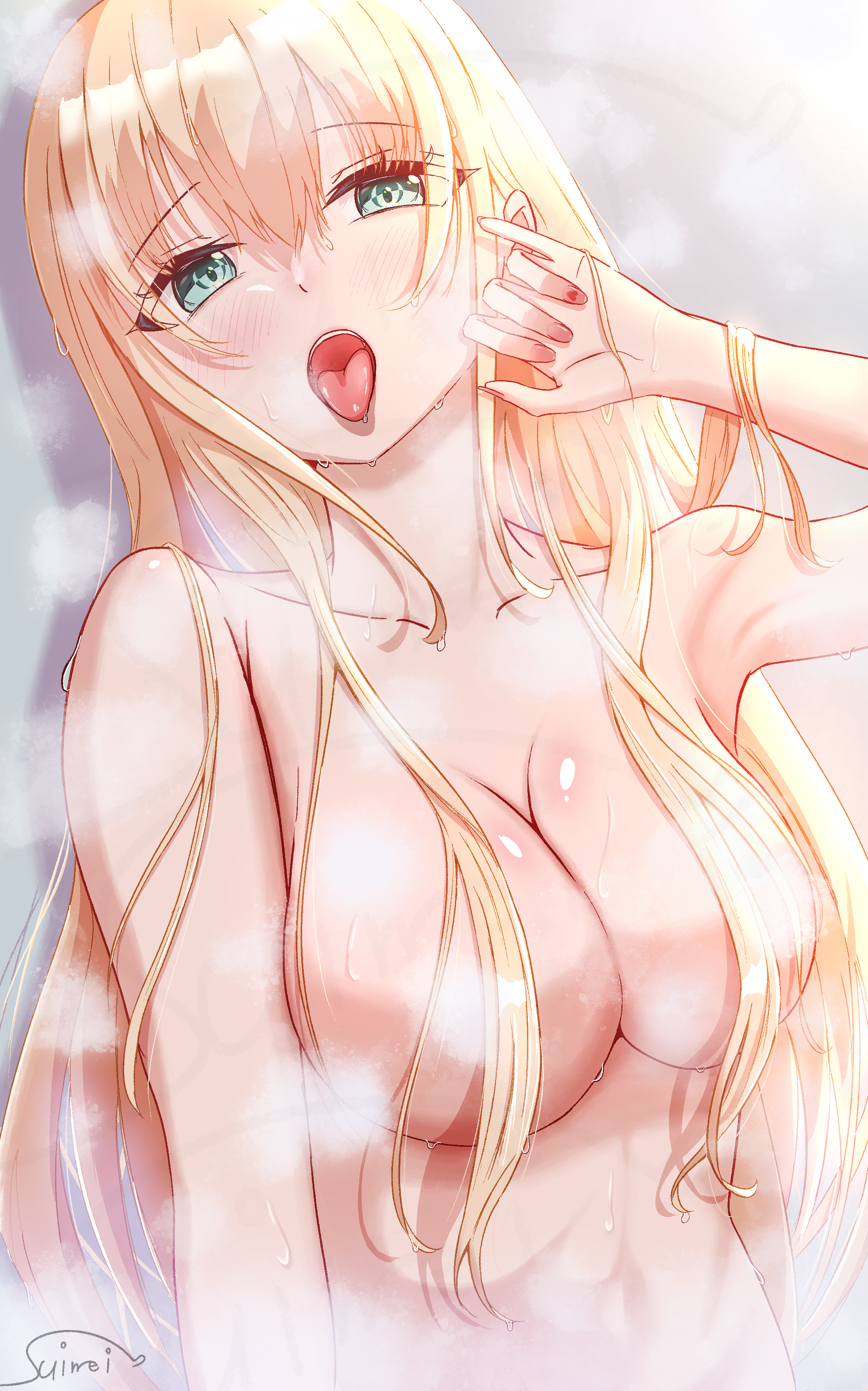 suimei (ramebi3), toujou tsukasa, heaven burns red, absurdres, commentary, highres, 1girl, alternate hairstyle, artist name, bathing, blonde hair, blush, breasts, cleavage, completely nude, convenient hair, eyes visible through hair, green eyes, hair between eyes, hair down, hair over breasts, large breasts, long hair, looking at viewer, nude, open mouth, pinky out, sidelocks, signature, solo, steam, teeth, tongue, tongue out, upper body, upper teeth only