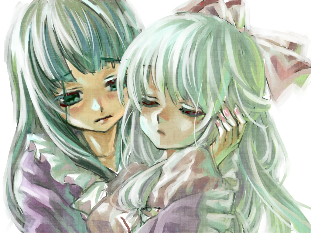 ama-tou, fujiwara no mokou, houraisan kaguya, touhou, 2girls, arm behind head, black hair, bow, closed eyes, female focus, fingernails, hair bow, hug, long hair, multiple girls, sad, upper body, white hair