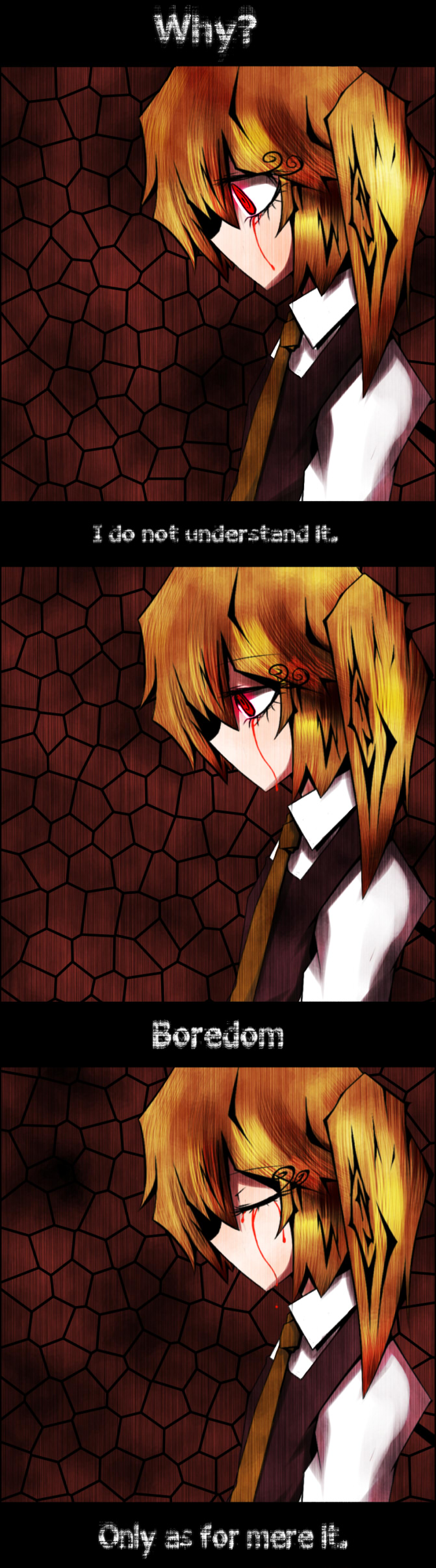 konohana saku, flandre scarlet, touhou, absurdres, artist request, bad id, bad pixiv id, highres, long image, tall image, 1girl, blonde hair, blood, bloody tears, closed eyes, comic, english text, engrish text, female focus, necktie, profile, ranguage, red eyes, sad, shirt, side ponytail, tears, upper body, white shirt