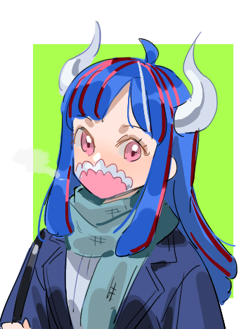 raine (acke2445), ulti (one piece), one piece, commentary, lowres, symbol-only commentary, 1girl, ahoge, alternate costume, blue coat, blue hair, blue scarf, border, coat, green background, holding strap, horns, long hair, looking at viewer, mask, mouth mask, outside border, pink eyes, scarf, sidelocks, solo, upper body, white border