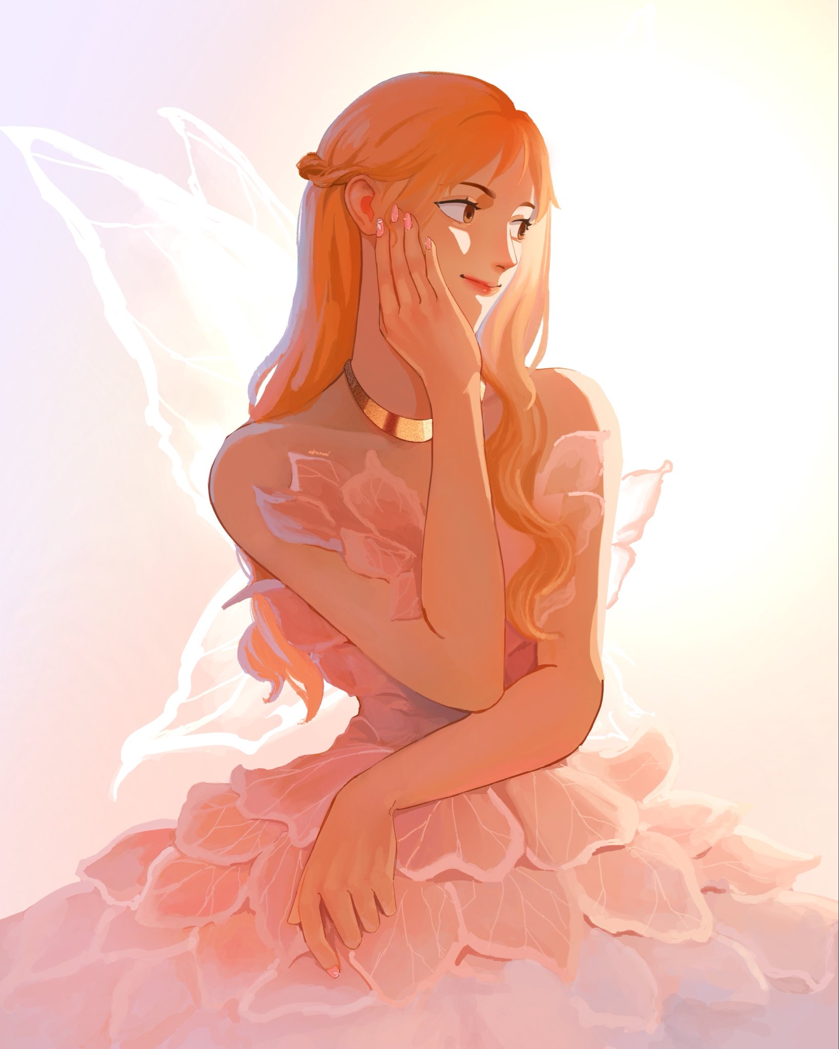 nami (one piece), one piece, commentary, english commentary, highres, 1girl, alrunami, bare arms, bare shoulders, braid, brown eyes, closed mouth, collarbone, cowboy shot, dress, fairy, fairy wings, gold necklace, gradient background, half up braid, hand on own cheek, hand on own face, jewelry, lips, long hair, looking to the side, necklace, orange hair, pink dress, smile, solo, strapless, strapless dress, wavy hair, wings