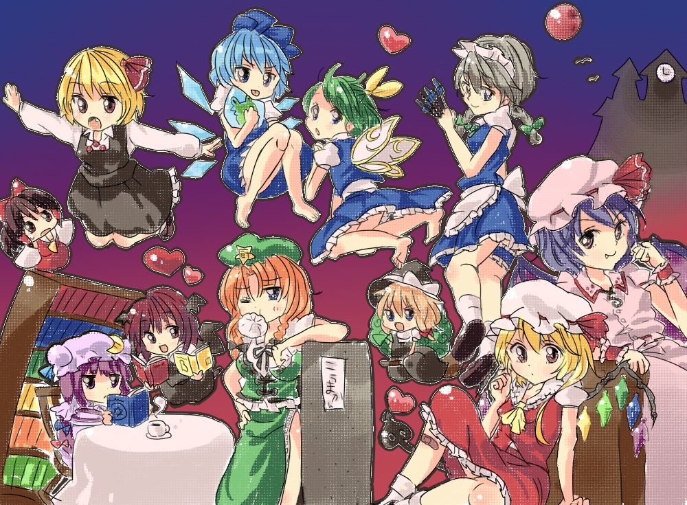 dreamchips, sayabicchi, cirno, daiyousei, flandre scarlet, hakurei reimu, hong meiling, izayoi sakuya, kirisame marisa, koakuma, patchouli knowledge, remilia scarlet, rumia, embodiment of scarlet devil, touhou, 6+girls, bat (animal), blonde hair, book, bookshelf, frog, heart, moon, multiple girls, night, open book, reading, red eyes, red moon, scarlet devil mansion, sky