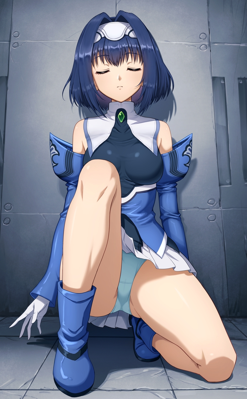 kamuchin soda, kelvena (xenogears), xenogears, commentary request, highres, partial commentary, 1girl, bare legs, bare shoulders, blue hair, blue panties, blue shirt, blue shoes, boots, breasts, closed eyes, collared shirt, detached sleeves, expressionless, full body, gloves, hair intakes, impossible clothes, impossible shirt, indoors, knee up, kneeling, long sleeves, medium breasts, miniskirt, panties, pantyshot, pleated skirt, shirt, shoes, short hair, skirt, solo, underwear, upskirt, white gloves, white skirt
