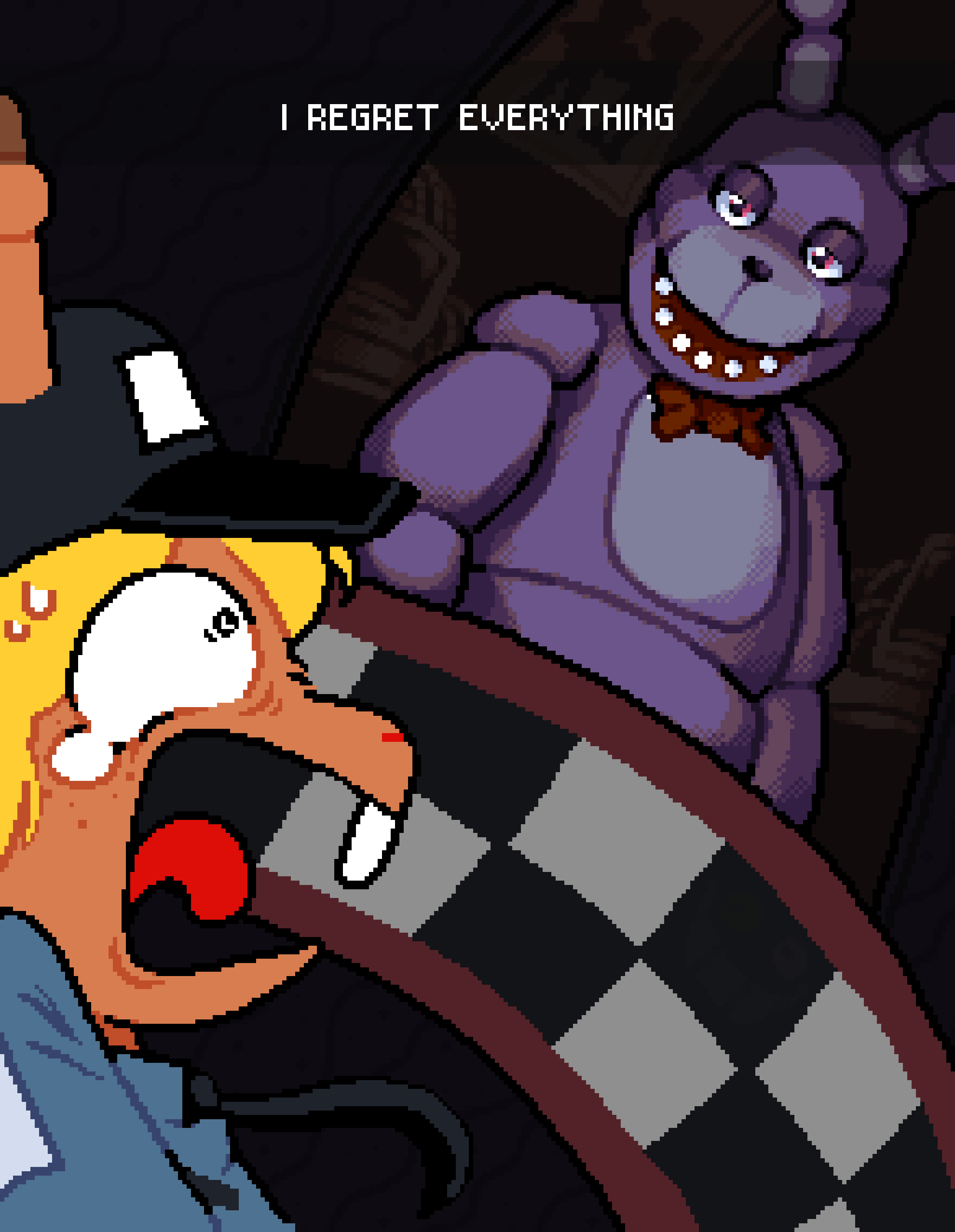 asepriterico, bonnie (fnaf), noelle holiday, deltarune, five nights at freddy's, five nights at freddy's 1, snapchat, utdr (toby fox), absurdres, highres, 1boy, 1girl, alternate costume, animal ears, animal nose, animatronic, antlers, baseball cap, black hat, black necktie, blonde hair, blue shirt, bow, bowtie, buck teeth, constricted pupils, english text, half-closed eyes, hat, horns, horns through headwear, indoors, looking at another, necktie, open mouth, pixel art, rabbit, rabbit ears, red bow, red bowtie, reindeer antlers, reindeer girl, scared, screaming, security guard, shirt, sweatdrop, teeth, tongue, wide-eyed