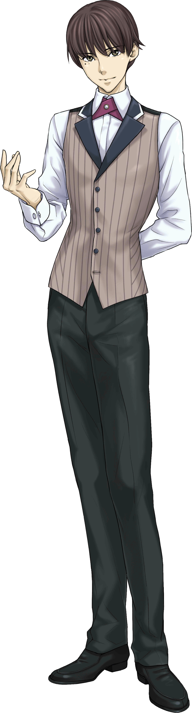 iwamoto tatsurou, shin megami tensei, shin megami tensei: liberation dx2, absurdres, highres, official art, third-party source, 1boy, black pants, black shoes, brown eyes, brown hair, fukumoto kazufumi, full body, mole, mole under eye, pants, shoes, simple background, solo, standing, transparent background, vest