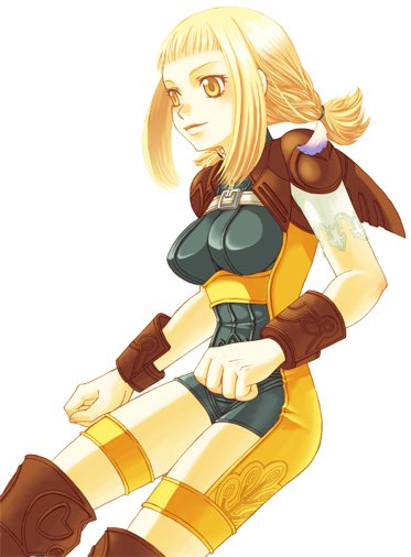 kokutou, penelo, final fantasy, final fantasy xii, 00s, 1girl, belt, blonde hair, bodysuit, bracelet, braid, breasts, female focus, jewelry, kneehighs, long hair, simple background, socks, solo, white background, yellow eyes