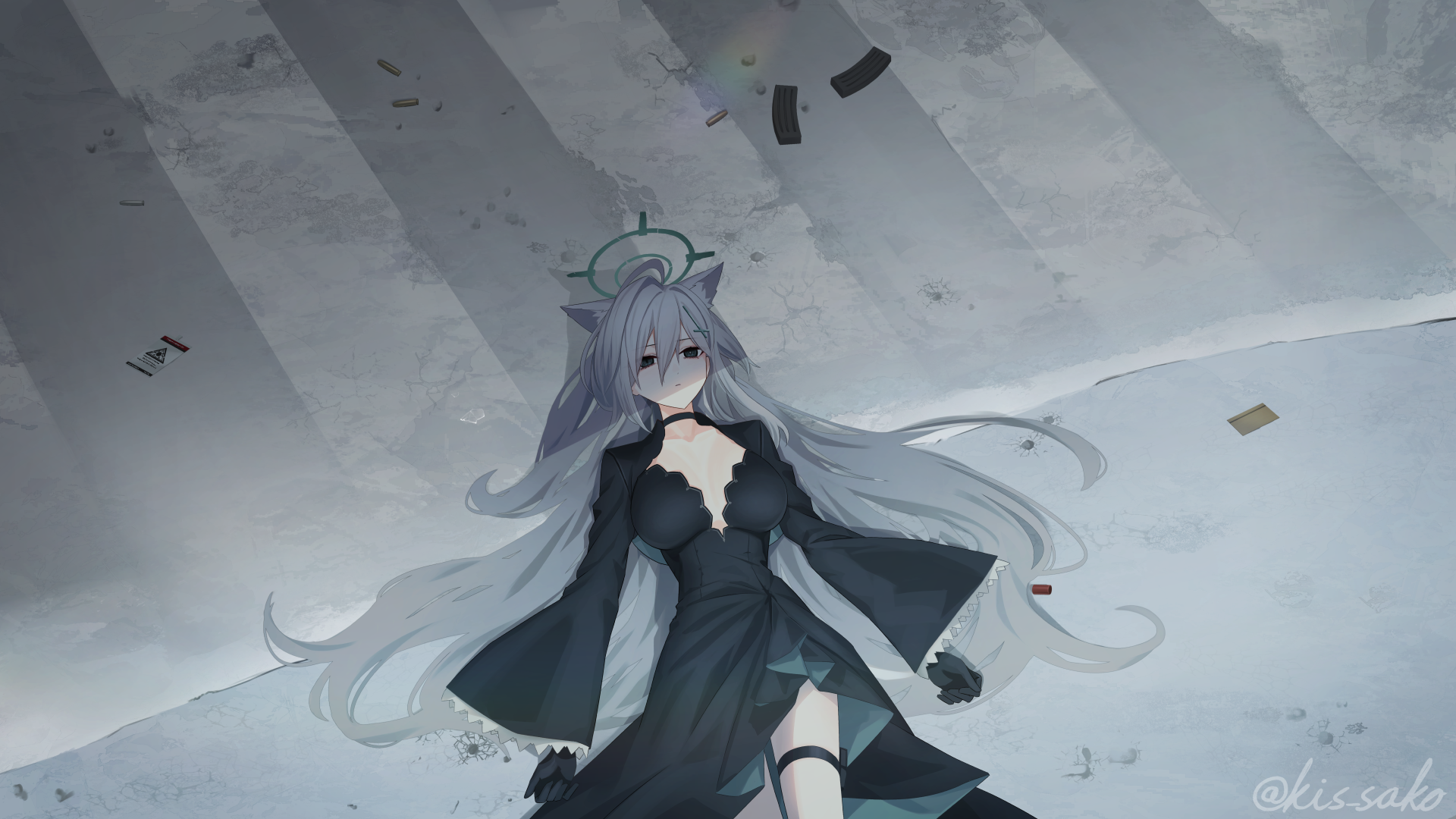 kis sako, shiroko terror (blue archive), blue archive, commentary request, highres, 1girl, animal ears, black choker, black dress, black gloves, breasts, bright pupils, bullet, choker, dress, gloves, green halo, grey eyes, grey hair, hair between eyes, halo, long hair, lying, magazine (weapon), mismatched pupils, solo, twitter username, white pupils, wolf ears
