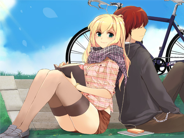 mirk, 1boy, 1girl, back-to-back, bicycle, blonde hair, book, bracelet, brown hair, chain, earphones, grass, green eyes, headphones, hood, hoodie, jewelry, loafers, long hair, mp3 player, scarf, shared earphones, shirt, shoes, shorts, skirt, sleeves rolled up, smile, thighhighs, zettai ryouiki