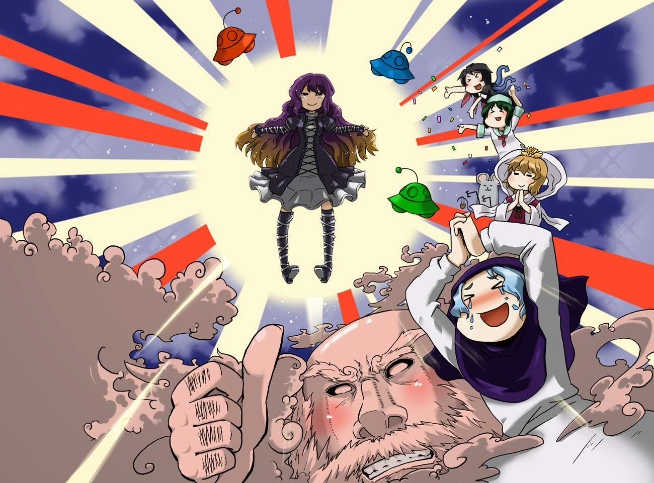 magokorokurage, hijiri byakuren, houjuu nue, kumoi ichirin, murasa minamitsu, nazrin, nazrin (mouse), toramaru shou, unzan, touhou, undefined fantastic object, > <, 6+girls, animal ears, black hair, blonde hair, blue hair, blush, closed eyes, cloud, dress, everyone, gradient hair, hat, hood, long hair, mouse (animal), mouse ears, multicolored hair, multiple girls, sailor collar, sailor hat, short hair, tears, thumbs up, ufo, wings