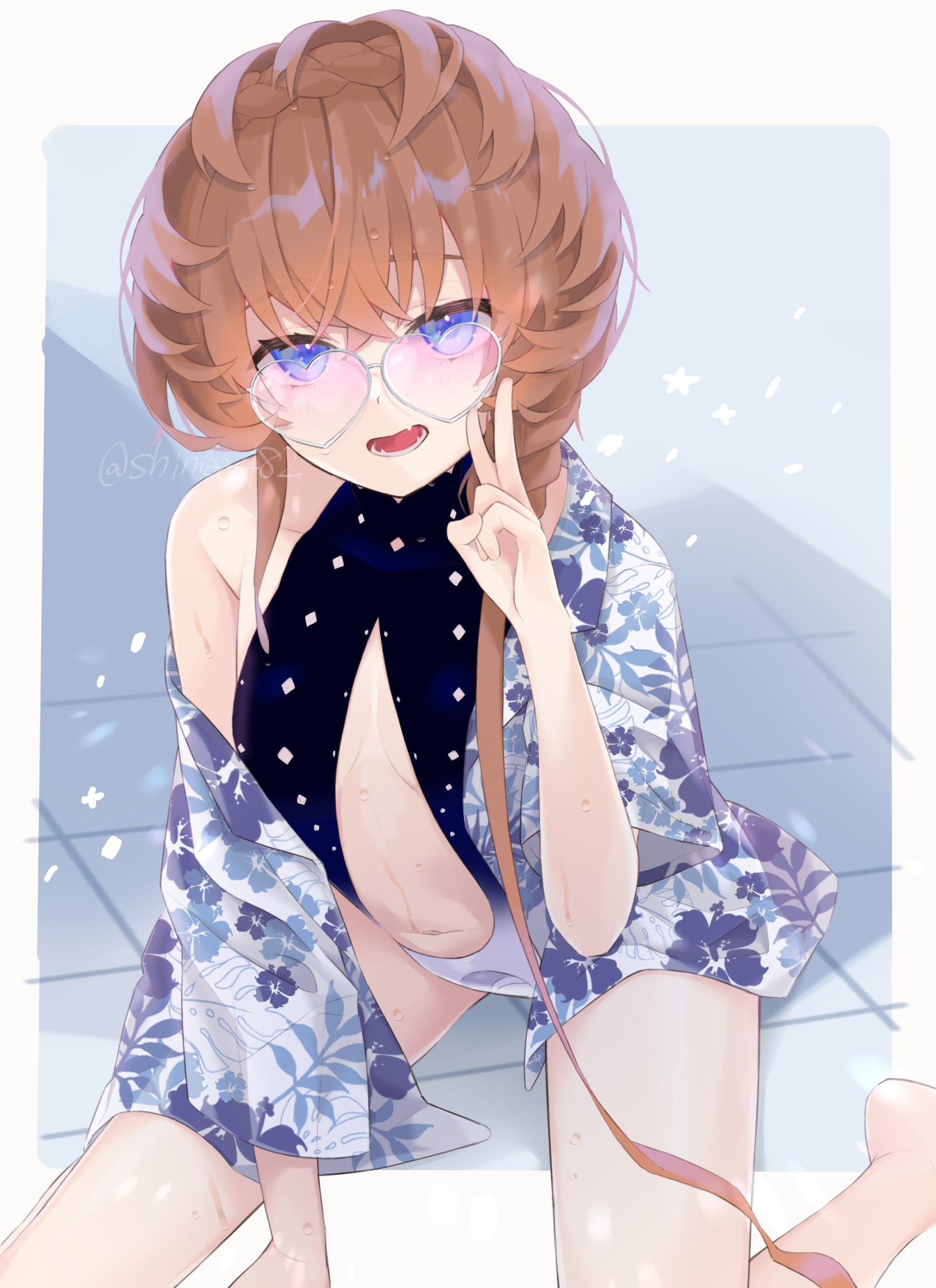 shimaa482, van gogh (fate), van gogh (sink deeper) (fate), fate/grand order, fate (series), highres, 1girl, bare shoulders, barefoot, black one-piece swimsuit, blue eyes, blue shirt, braid, breasts, center opening, crown braid, hawaiian shirt, heart, heart-shaped eyewear, long hair, looking at viewer, navel, off shoulder, one-piece swimsuit, open mouth, orange hair, shirt, short sleeves, side braid, small breasts, solo, sunglasses, swimsuit, white one-piece swimsuit