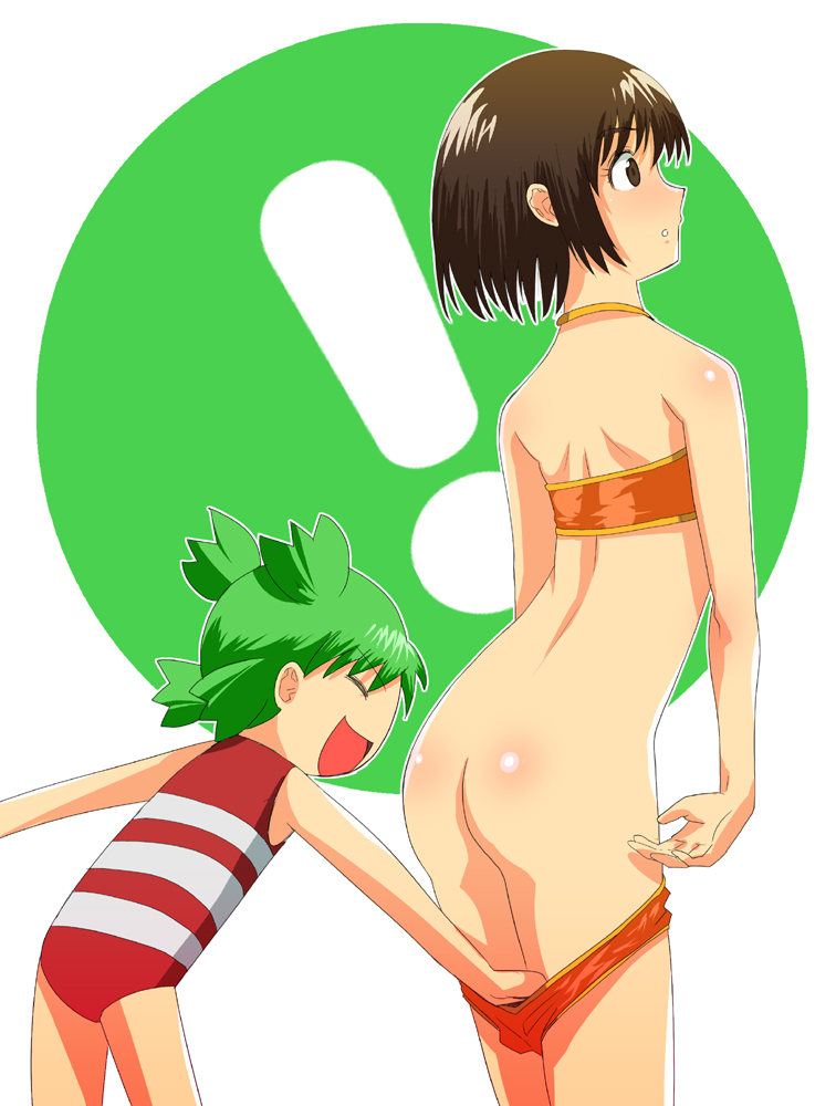 boyaking, ayase fuuka, koiwai yotsuba, yotsubato!, !, 2girls, ass, assisted exposure, bikini, bikini pull, brown eyes, brown hair, butt crack, closed eyes, clothes pull, flat chest, green hair, loli, multiple girls, open mouth, panties, pantsing, panty pull, pulling own clothes, surprised, swimsuit, thick eyebrows, underwear