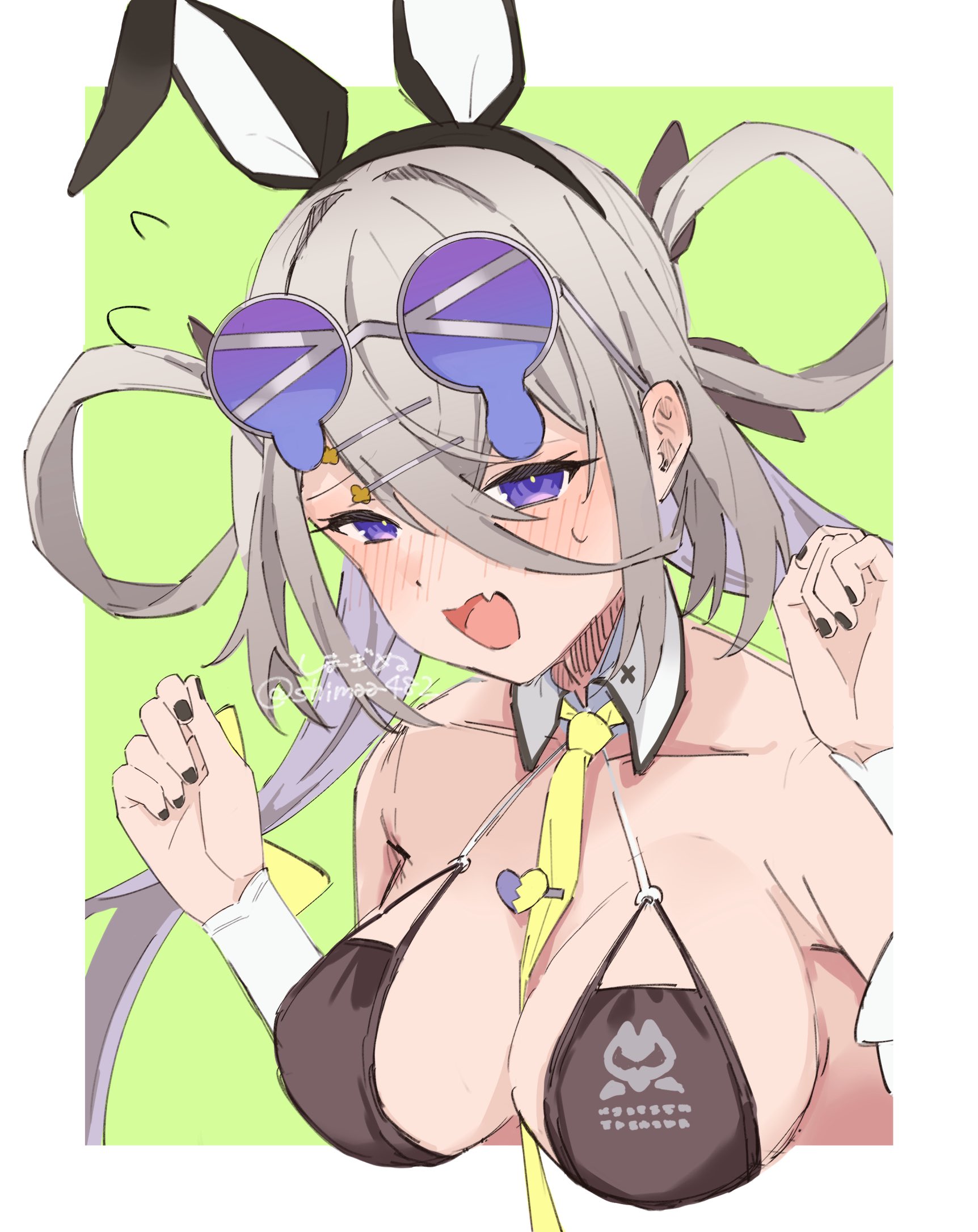 shimaa482, huyan zhuo (fate), huyan zhuo (swimsuit berserker) (fate), fate/grand order, fate (series), highres, 1girl, animal ears, bare shoulders, black one-piece swimsuit, blush, breasts, cleavage, detached collar, detached sleeves, eyewear on head, fake animal ears, grey hair, hair between eyes, hair ornament, hair rings, hairclip, large breasts, long hair, looking at viewer, low twintails, necktie, one-piece swimsuit, open mouth, purple eyes, smile, solo, sunglasses, swimsuit, twintails, very long hair