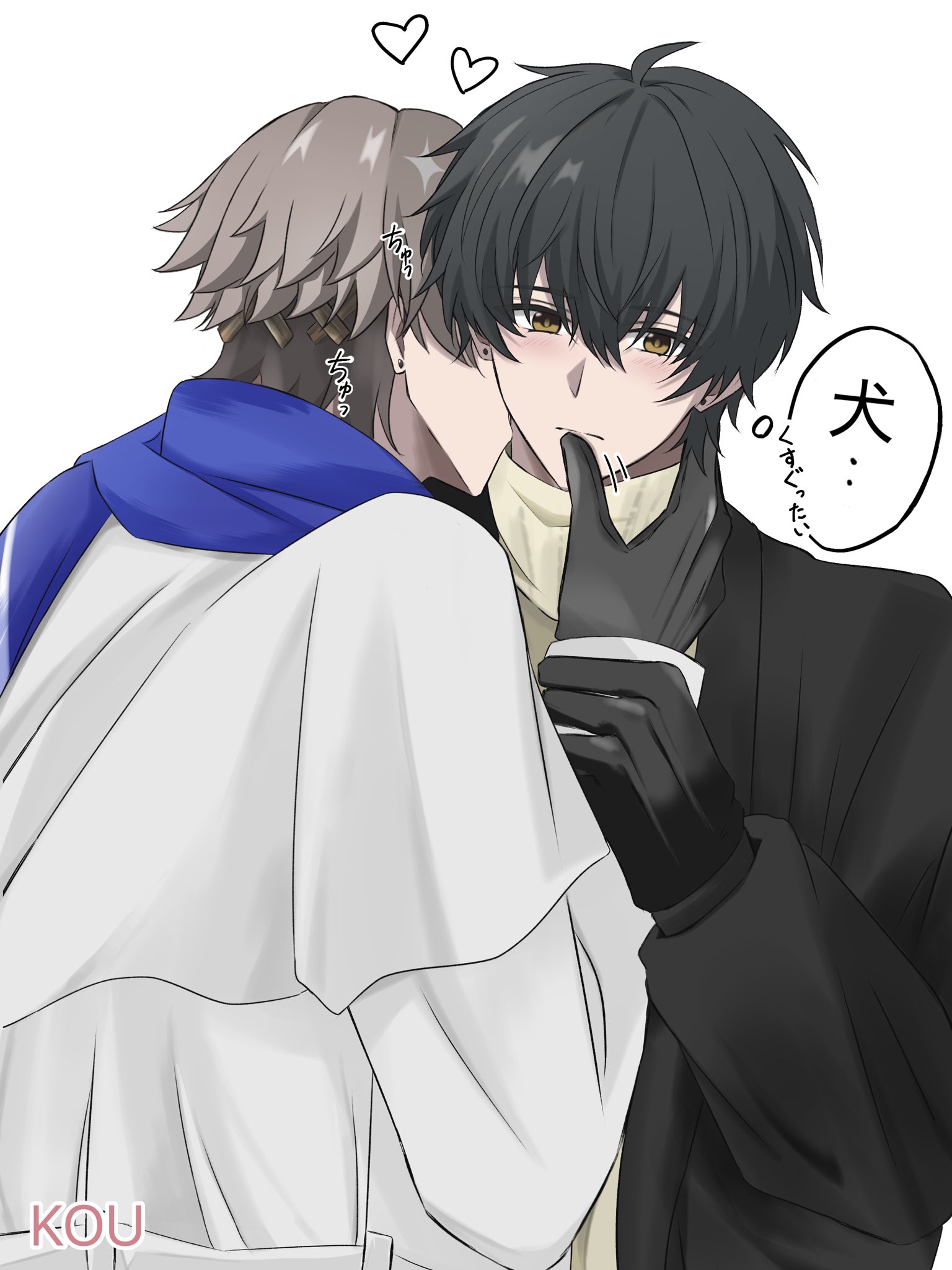 male rover (wuthering waves), rover (wuthering waves), xiangli yao (wuthering waves), wuthering waves, highres, 2boys, black gloves, black hair, blue scarf, brown hair, earrings, gloves, hand on another's face, heart, jewelry, light blush, long sleeves, male focus, multiple boys, scarf, speech bubble, white background, xiangliyao0907, yaoi