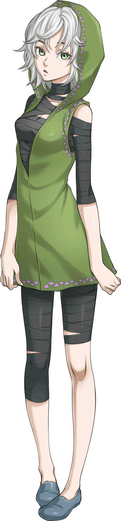 iwamoto tatsurou, shin megami tensei, shin megami tensei: liberation dx2, highres, long image, official art, tall image, third-party source, 1girl, black bandages, breasts, cleavage, dress, full body, green dress, green eyes, hooded dress, open mouth, simple background, sleeveless, sleeveless dress, solo, standing, transparent background, white hair, xana (megami tensei)