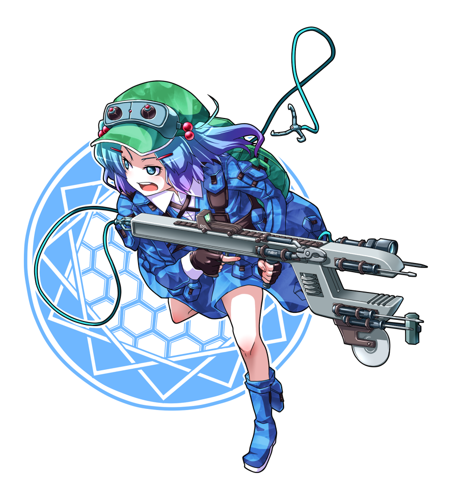 mendou saya, kawashiro nitori, touhou, 1girl, backpack, bag, blue eyes, blue hair, female focus, gun, hair bobbles, hair ornament, hat, honeycomb (pattern), honeycomb background, honeycomb pattern, matching hair/eyes, randoseru, rifle, short hair, solo, trigger discipline, twintails, two side up, weapon