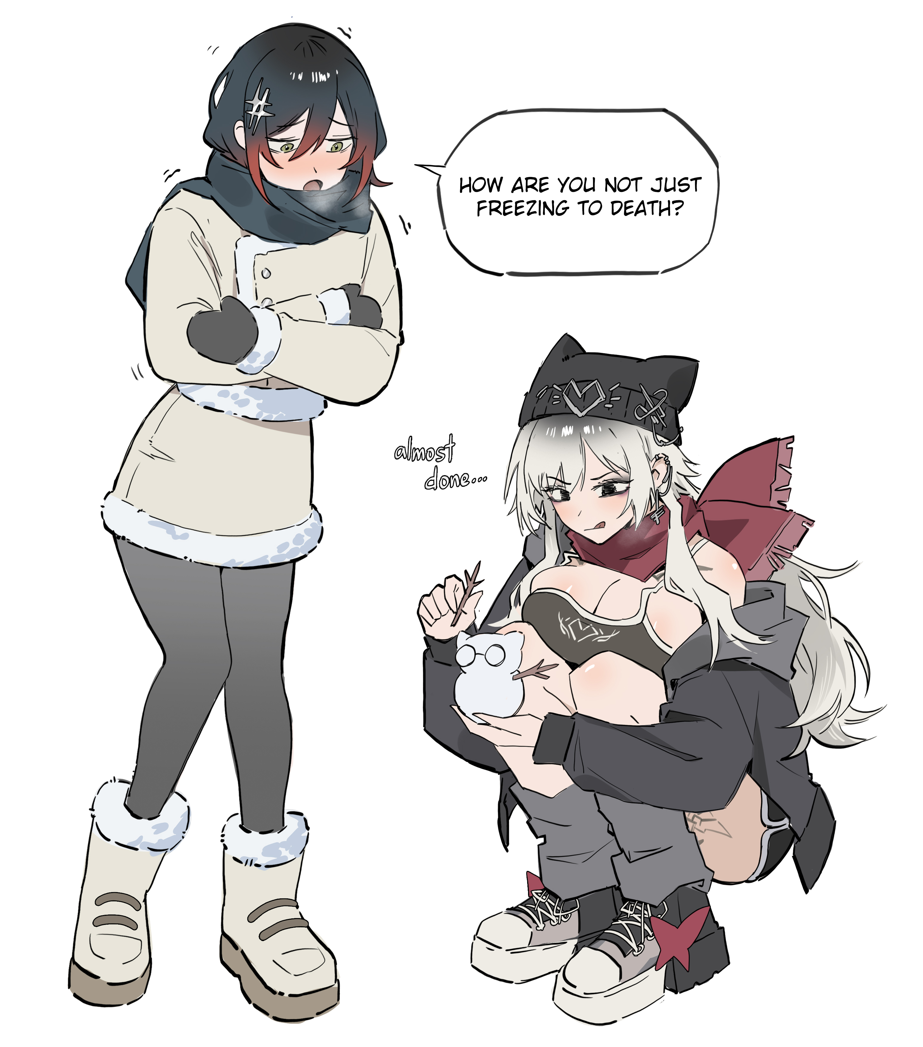 shouz, jyuri (shouz), original, absurdres, commentary, english commentary, highres, 2girls, :q, beanie, black eyes, black hair, black hat, black jacket, black mittens, black pants, black scarf, black shoes, black tank top, boots, breasts, breath, cleavage, closed mouth, coat, cold, double-parted bangs, english text, fur-trimmed boots, fur-trimmed coat, fur trim, gradient hair, green eyes, grey boots, grey coat, grey hair, hair between eyes, hair ornament, hat, jacket, knees up, large breasts, long hair, long sleeves, looking at another, mini snowman, mittens, multicolored hair, multiple girls, open mouth, pants, parted bangs, red scarf, scarf, shoes, short hair, simple background, speech bubble, squatting, standing, talking, tank top, tongue, tongue out, vivi (shouz), white background