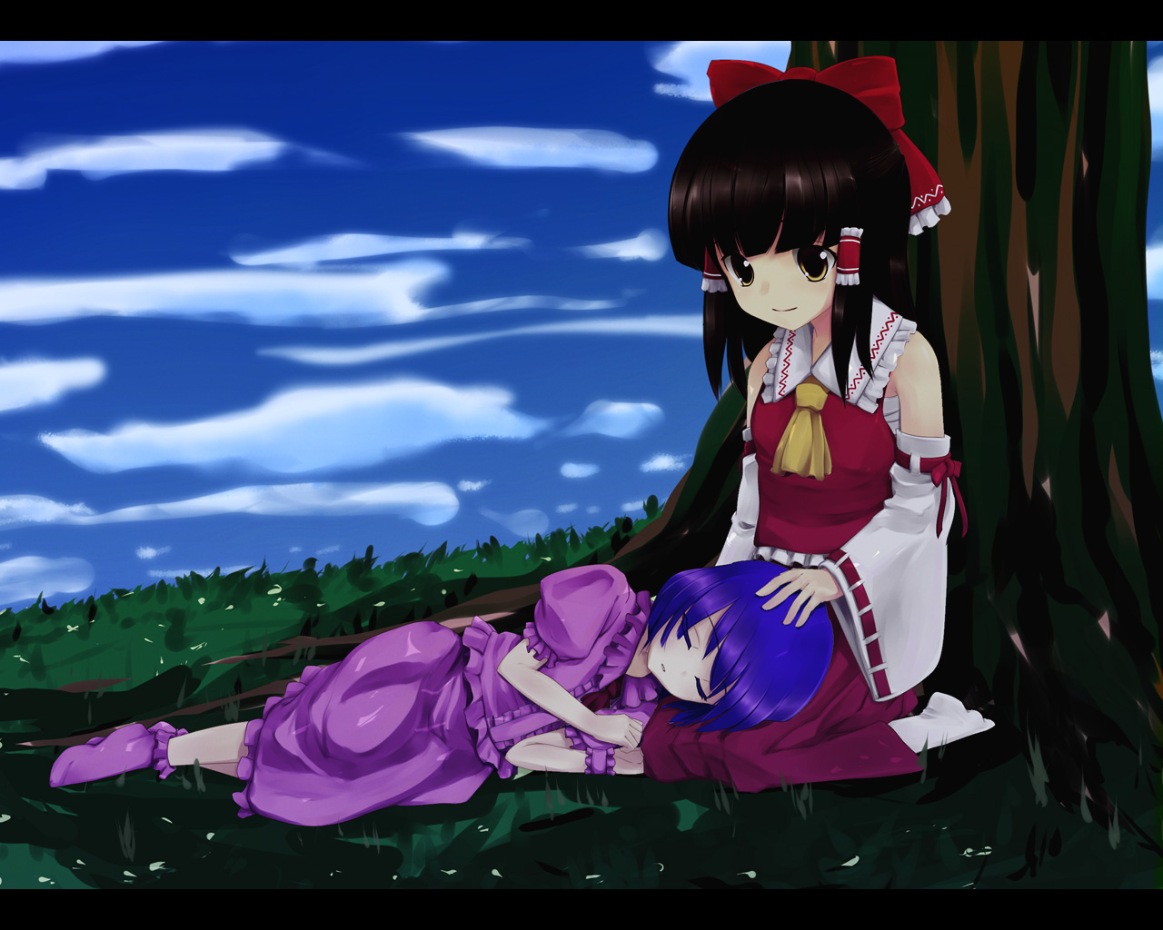 akai ronii, hakurei reimu, remilia scarlet, touhou, 2girls, blue hair, brown hair, detached sleeves, female focus, japanese clothes, lap pillow, letterboxed, miko, multiple girls, short hair, sleeping, tree, yellow eyes