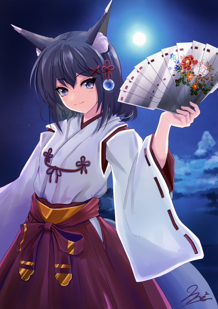 yumibakama meme, original, commentary request, 1girl, animal ear fluff, animal ears, black hair, blush, closed mouth, cloud, folding fan, full moon, hakama, hakama skirt, hand fan, hand up, holding, holding fan, japanese clothes, kimono, long sleeves, looking at viewer, moon, night, outdoors, purple eyes, red hakama, ribbon-trimmed sleeves, ribbon trim, skirt, sky, smile, solo, white kimono, wide sleeves