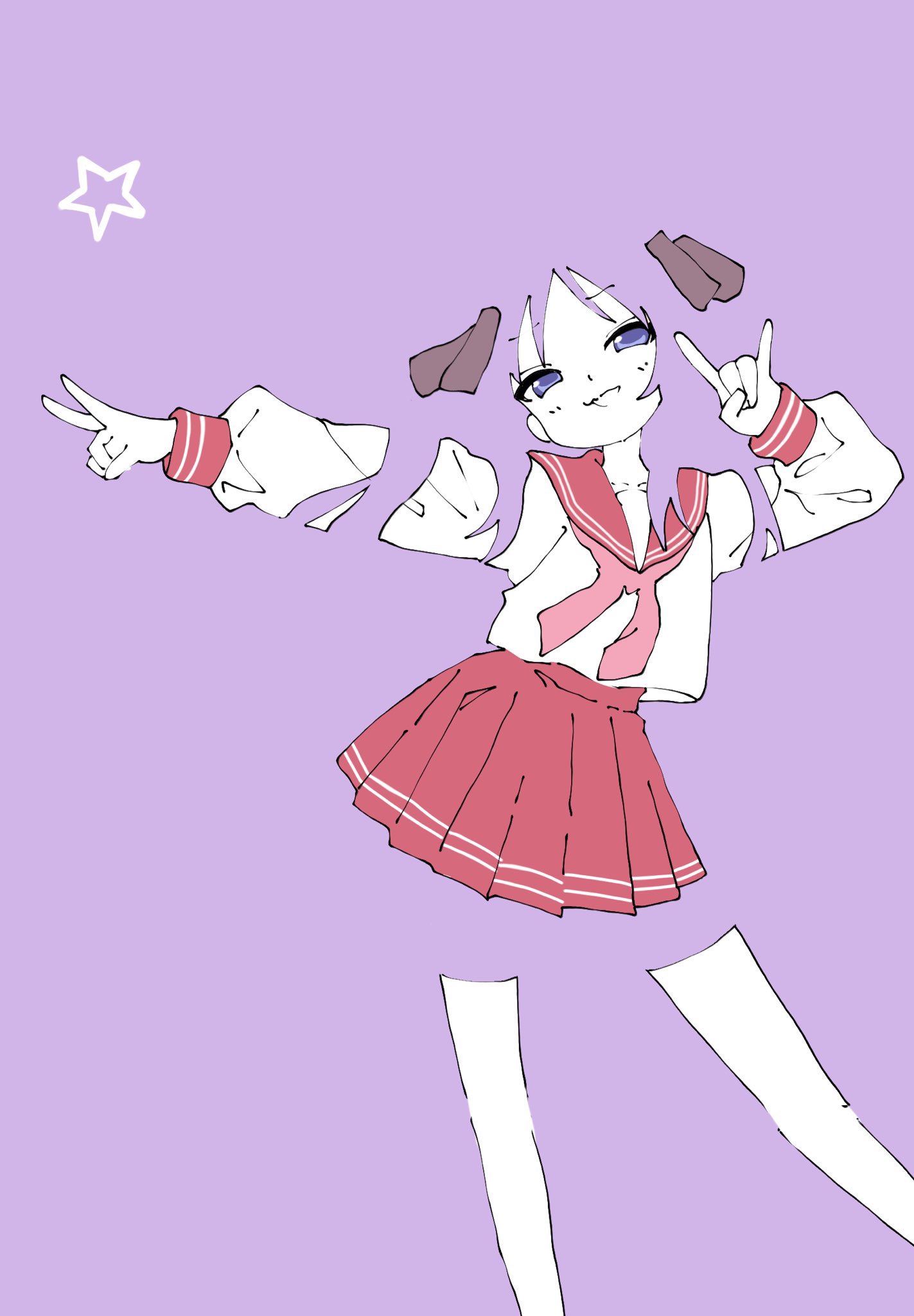 yanikasu7o5, hiiragi kagami, lucky star, commentary, english commentary, highres, 1girl, blending, collarbone, hands up, limited palette, long hair, long sleeves, looking at viewer, neckerchief, outstretched arm, purple background, purple eyes, red skirt, ryouou school uniform, sailor collar, school uniform, serafuku, shirt, skirt, solo, thighhighs, v, white shirt, white thighhighs