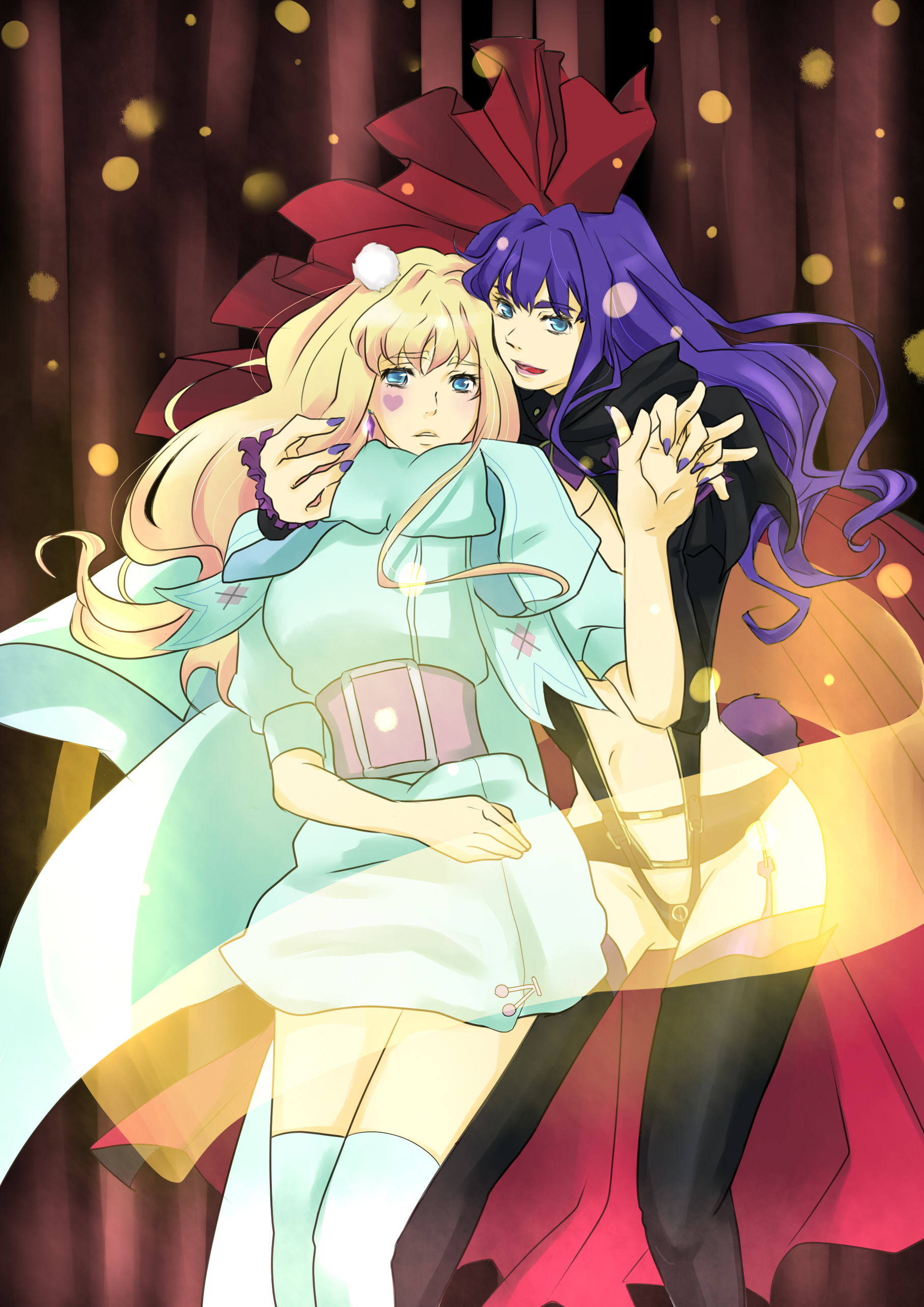 mn, sheryl nome, macross, macross frontier, macross frontier: itsuwari no utahime, absurdres, bad id, bad pixiv id, highres, 00s, belt, blonde hair, blue eyes, blue hair, boots, earrings, jewelry, long hair, rabbit tail, single earring, solo, tail, thigh boots, thighhighs